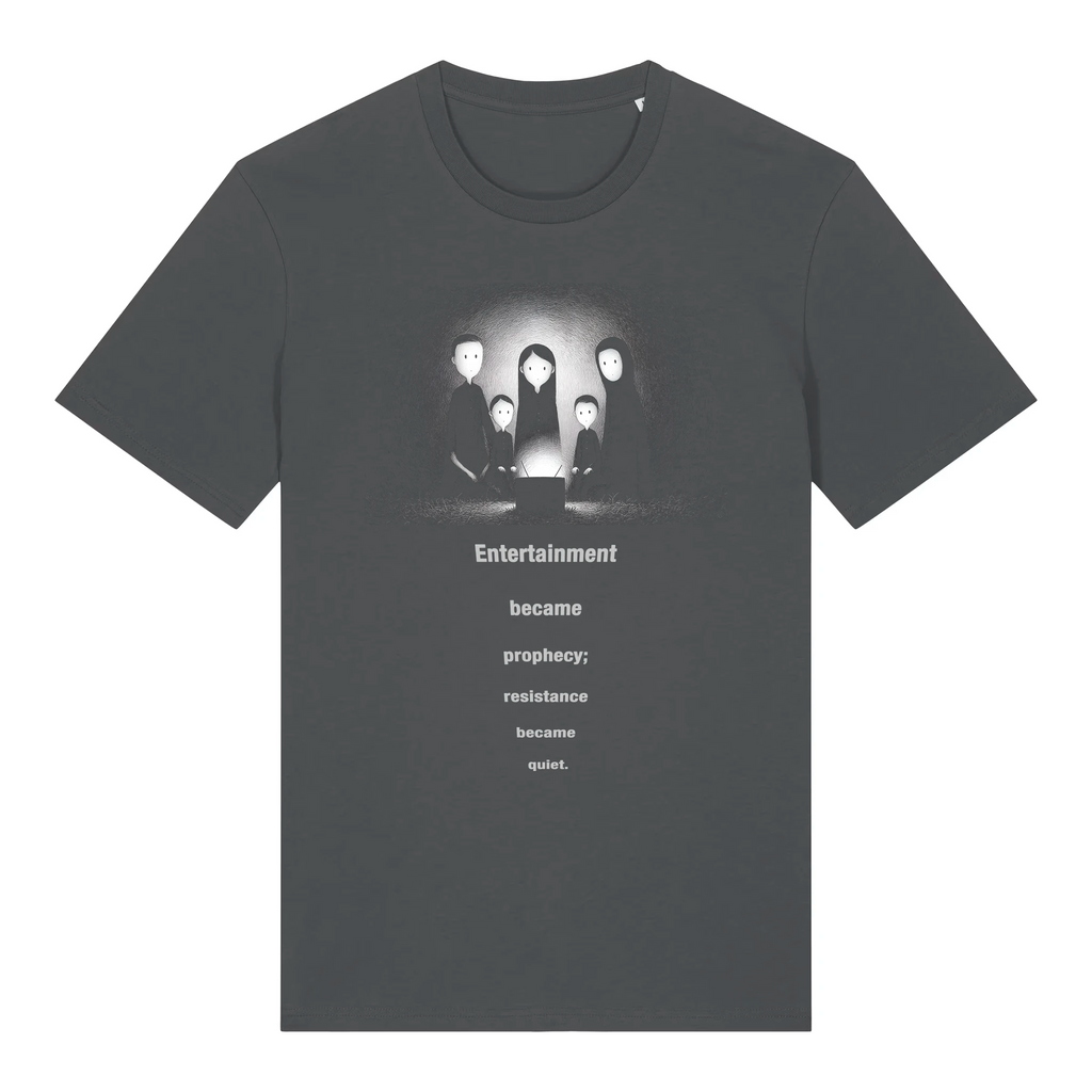 TOLS The Old Ways theme men's unisex medium fit organic cotton T-shirt in Anthracite, front - Predictive Programing