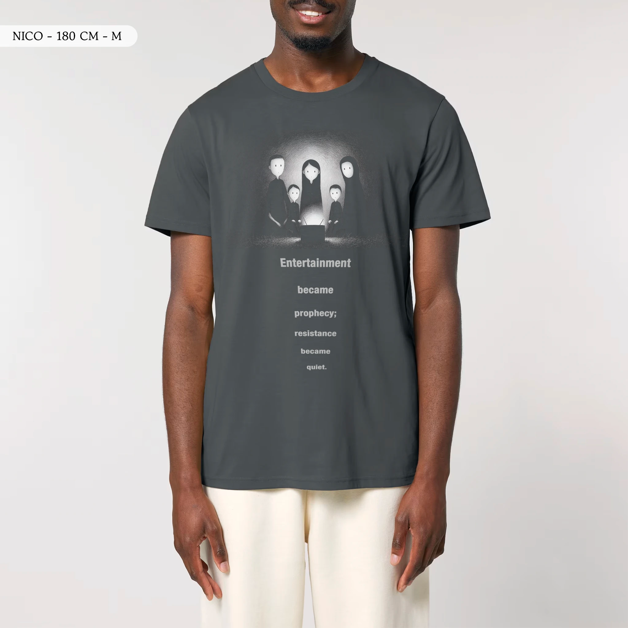 TOLS The Old Ways theme men's unisex medium fit organic cotton T-shirt in Anthracite, male front - Predictive Programing