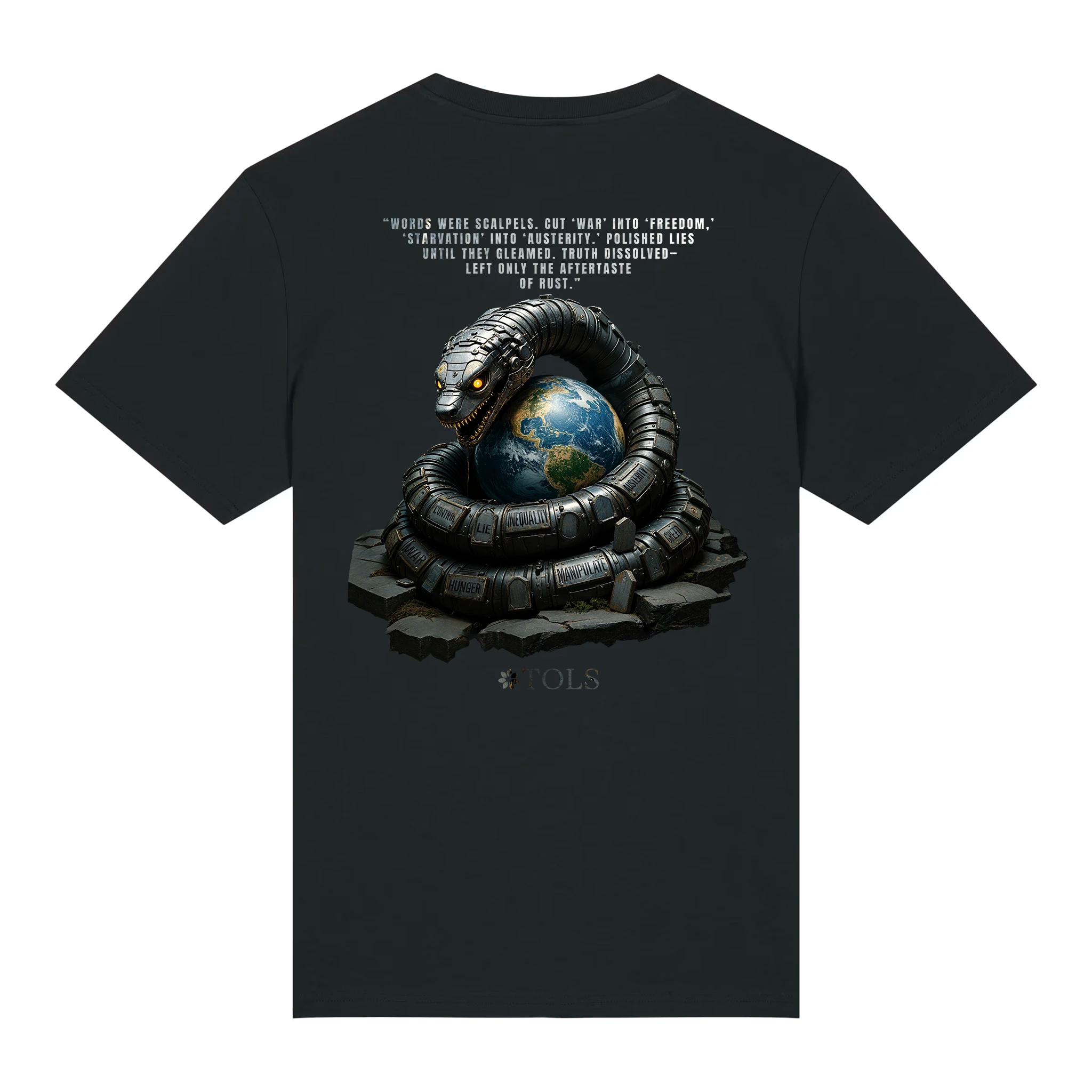 TOLS The Old Ways theme men's unisex medium fit organic cotton T-shirt in Black, back - Rust-Tongued