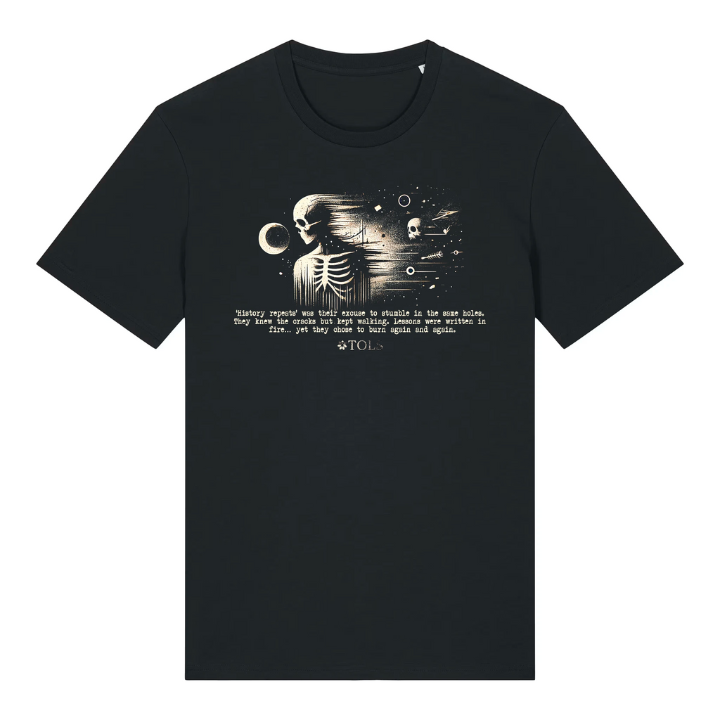 TOLS The Old Ways theme men's unisex medium fit organic cotton T-shirt in Black, front - Ash Cycle