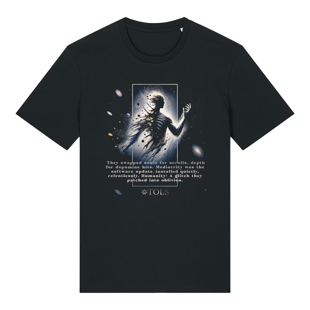 TOLS The Old Ways theme men's unisex medium fit organic cotton T-shirt in Black, front - Glitched Species