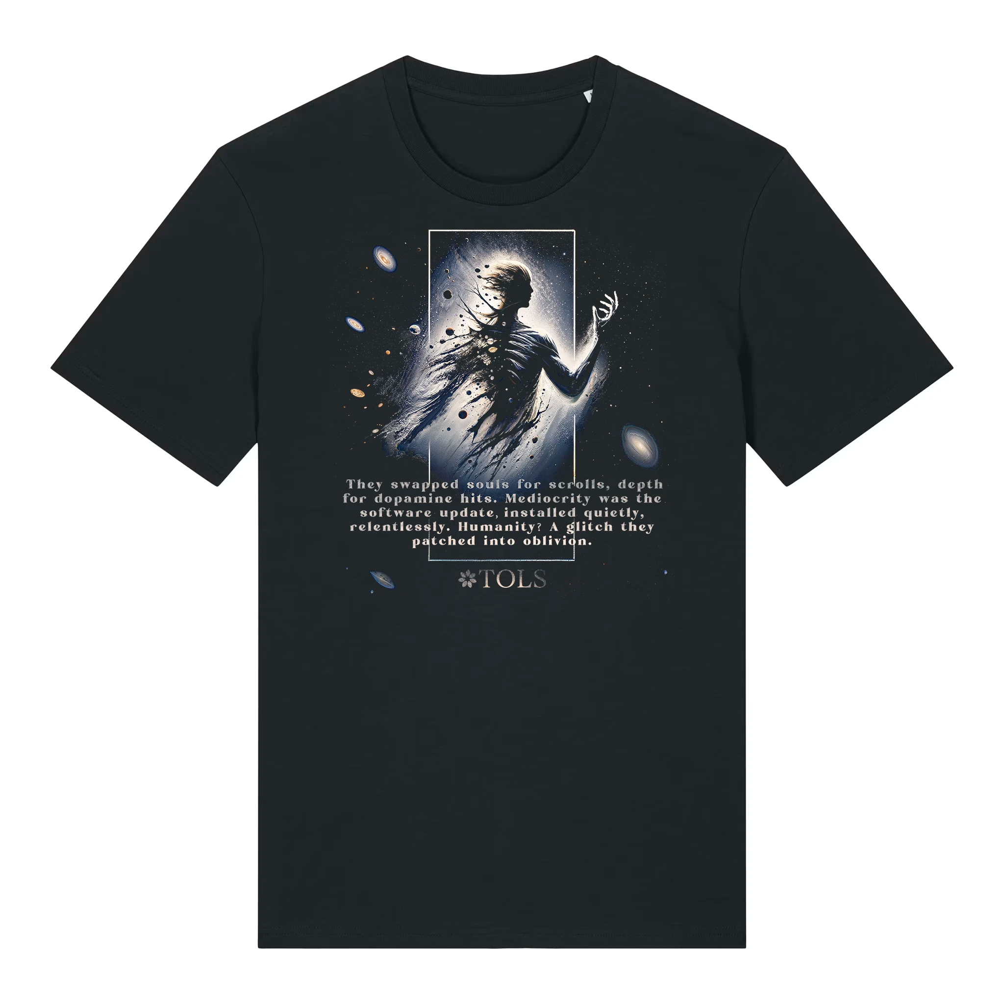 TOLS The Old Ways theme men's unisex medium fit organic cotton T-shirt in Black, front - Glitched Species