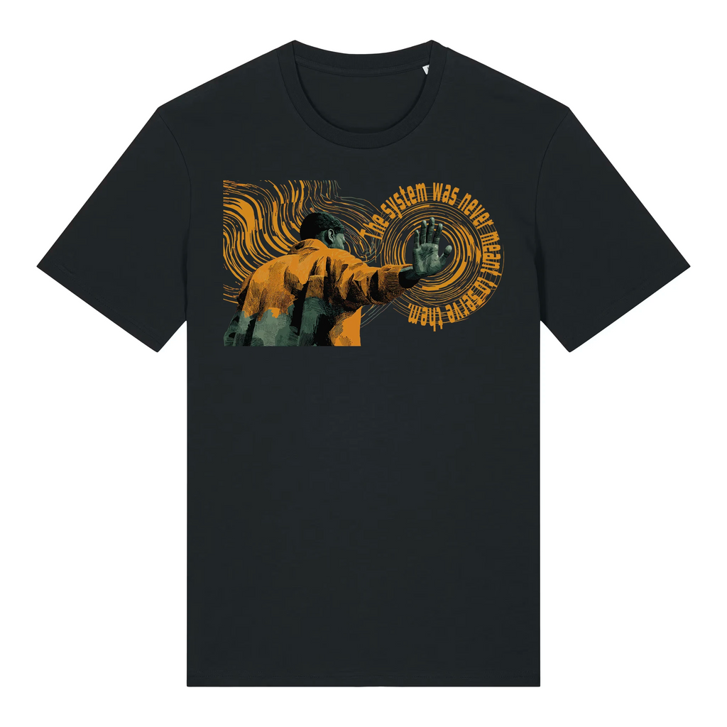 TOLS The Old Ways theme men's unisex medium fit organic cotton T-shirt in Black, front - Hollow System