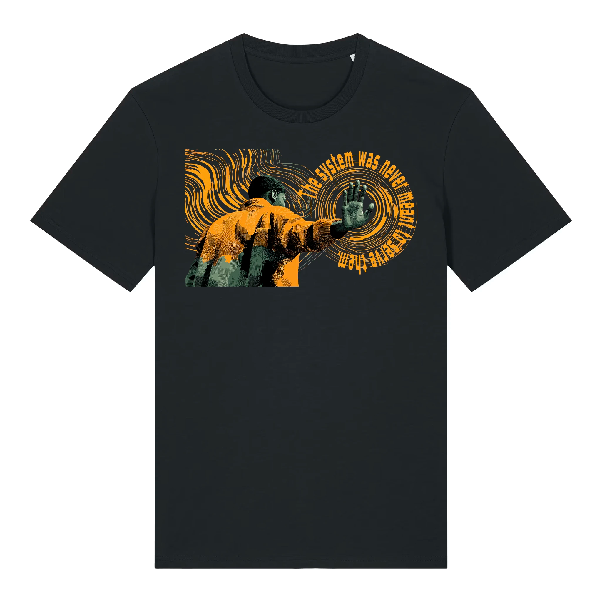 TOLS The Old Ways theme men's unisex medium fit organic cotton T-shirt in Black, front - Hollow System