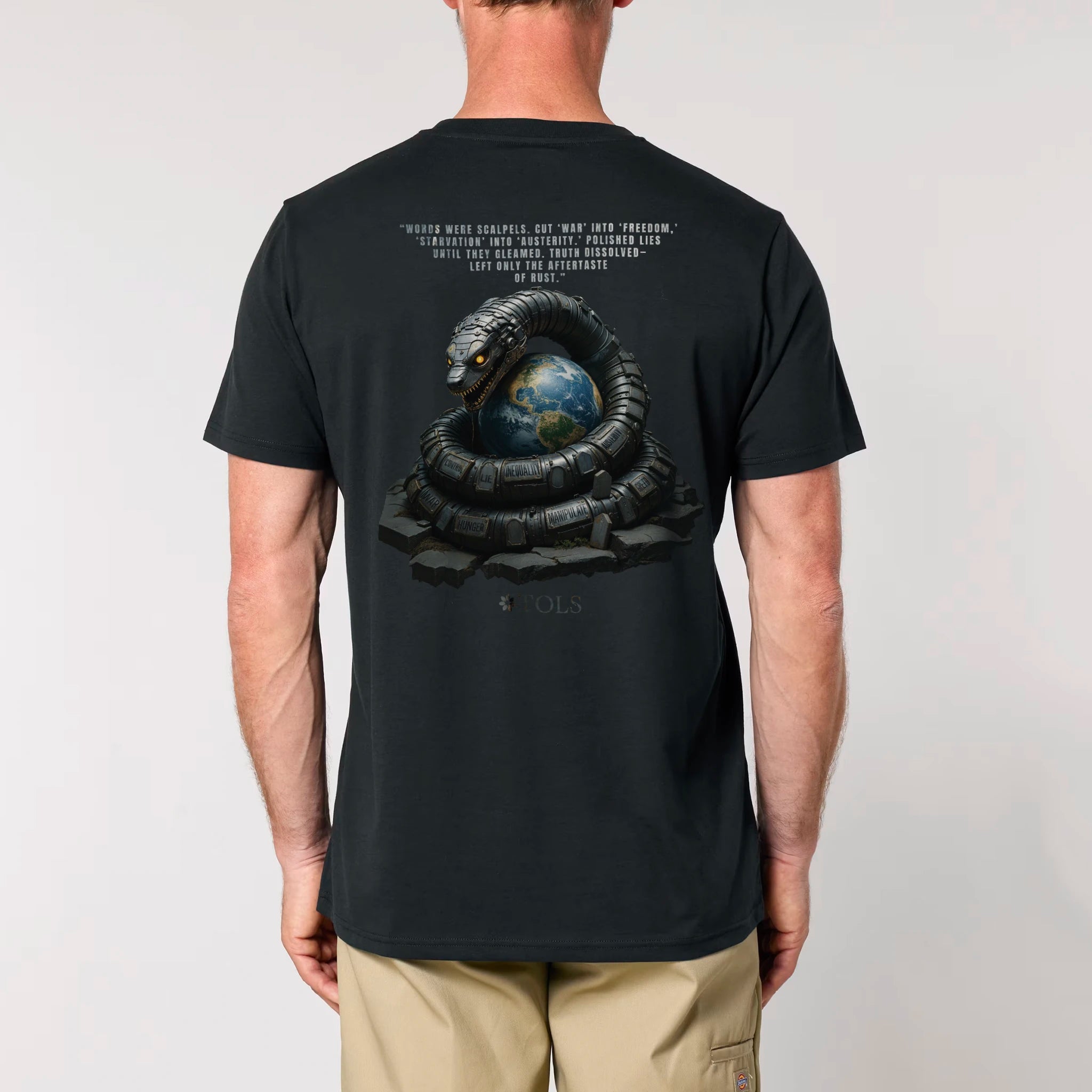 TOLS The Old Ways theme men's unisex medium fit organic cotton T-shirt in Black, male back - Rust-Tongued