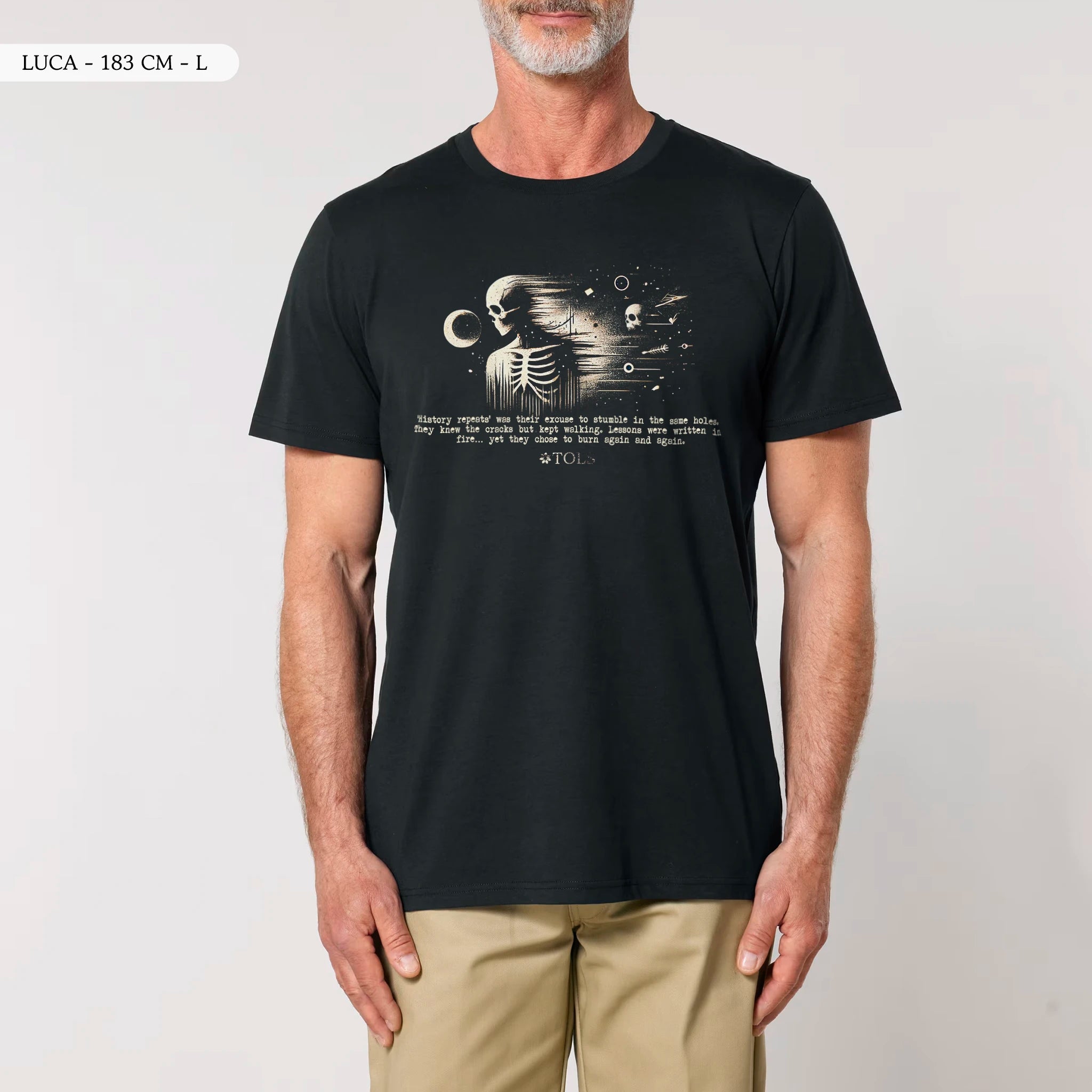 TOLS The Old Ways theme men's unisex medium fit organic cotton T-shirt in Black, male front - Ash Cycle