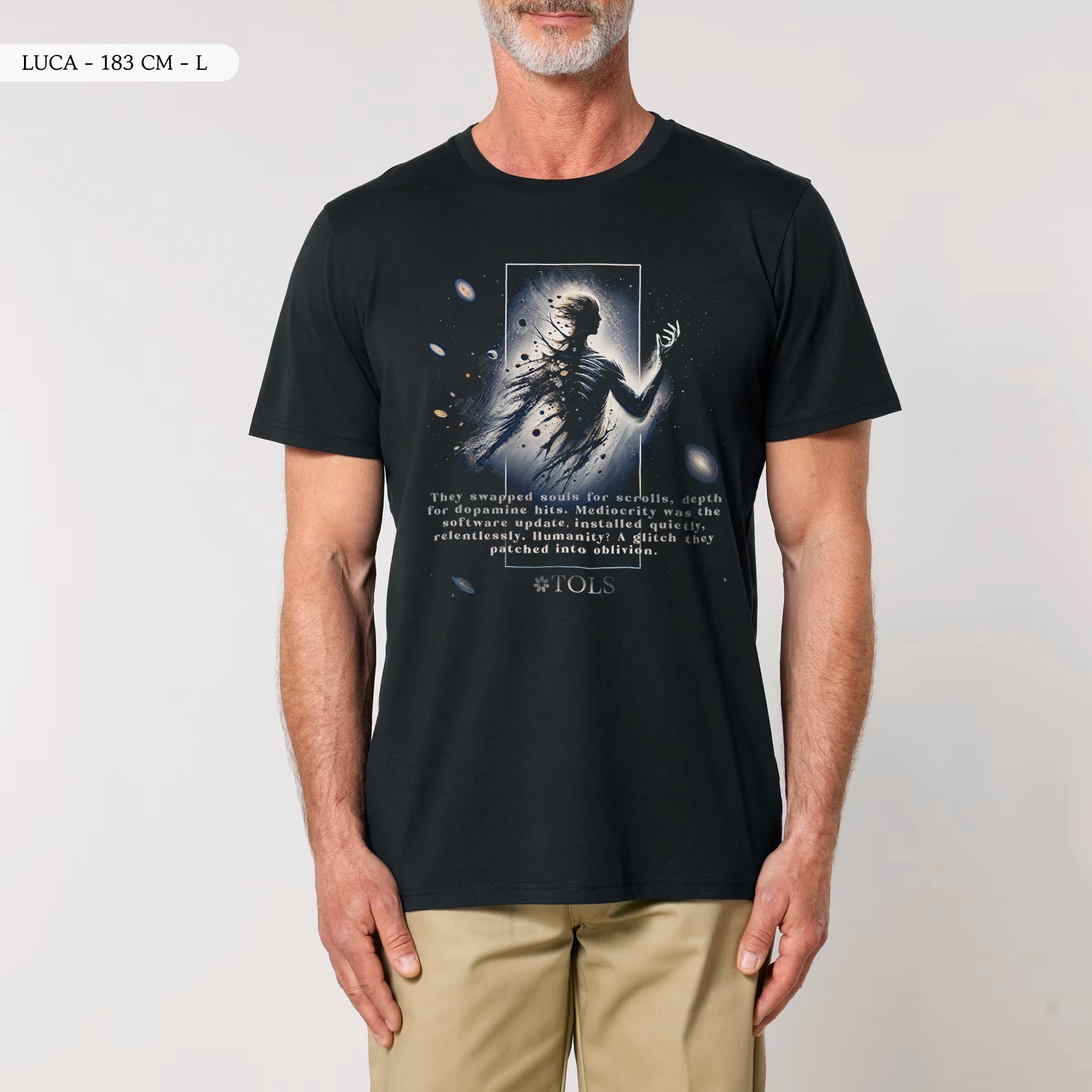 TOLS The Old Ways theme men's unisex medium fit organic cotton T-shirt in Black, male front - Glitched Species