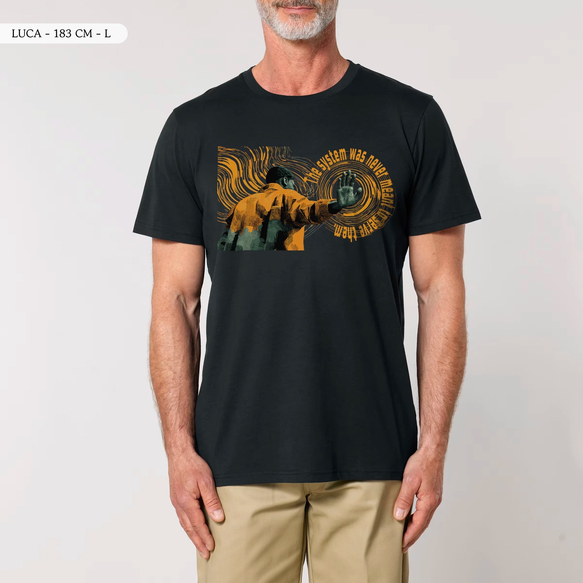 TOLS The Old Ways theme men's unisex medium fit organic cotton T-shirt in Black, male front - Hollow System