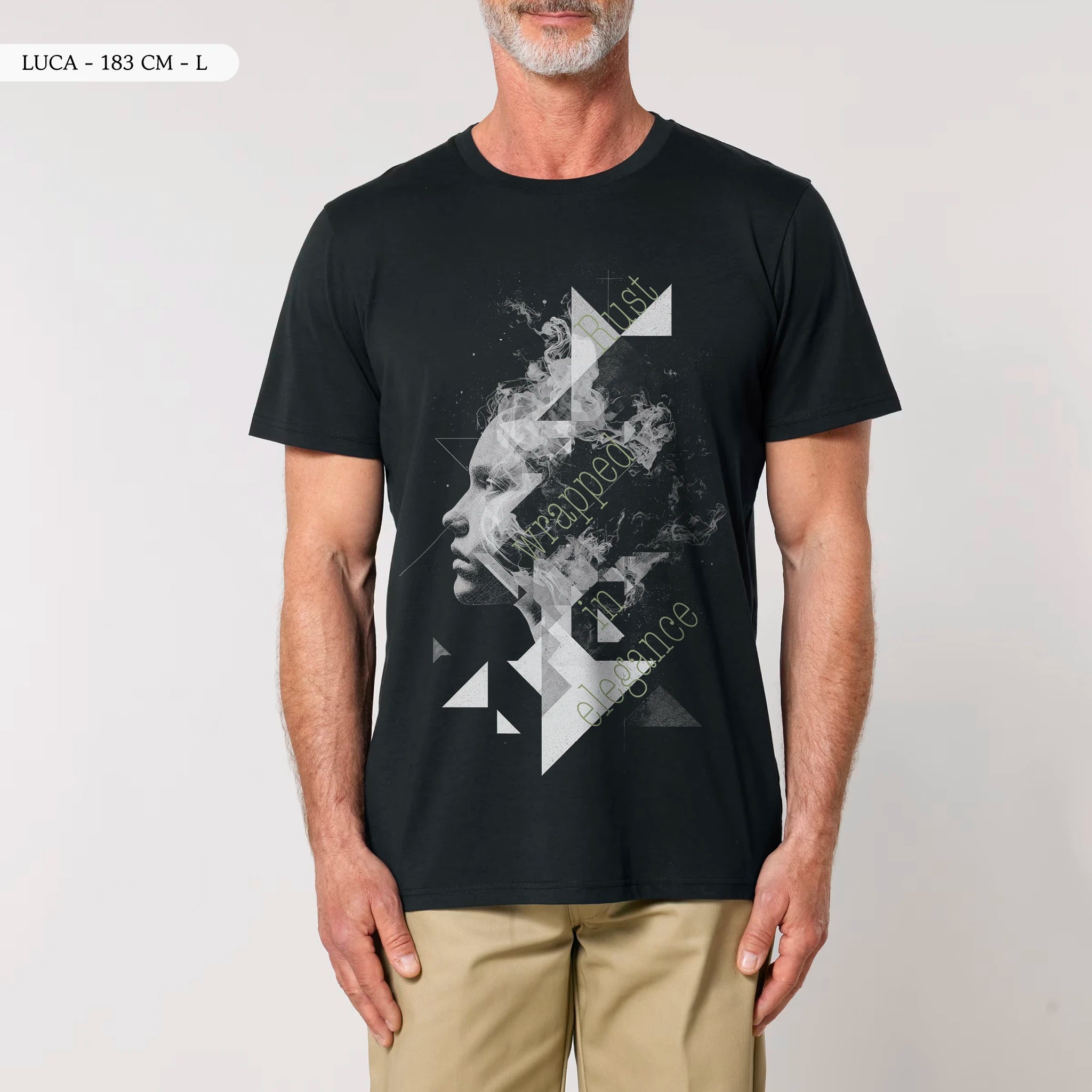 TOLS The Old Ways theme men's unisex medium fit organic cotton T-shirt in Black, male front - Invisible Rust