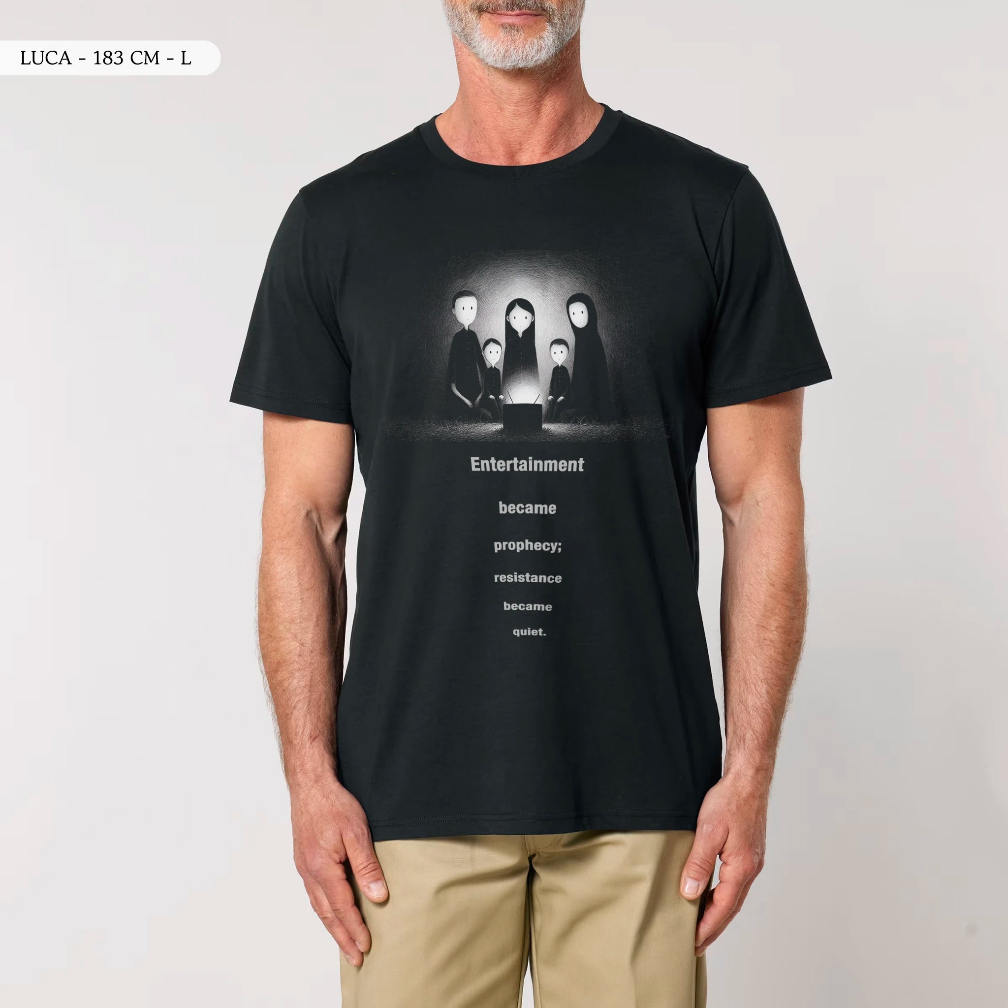 TOLS The Old Ways theme men's unisex medium fit organic cotton T-shirt in Black, male front - Predictive Programing