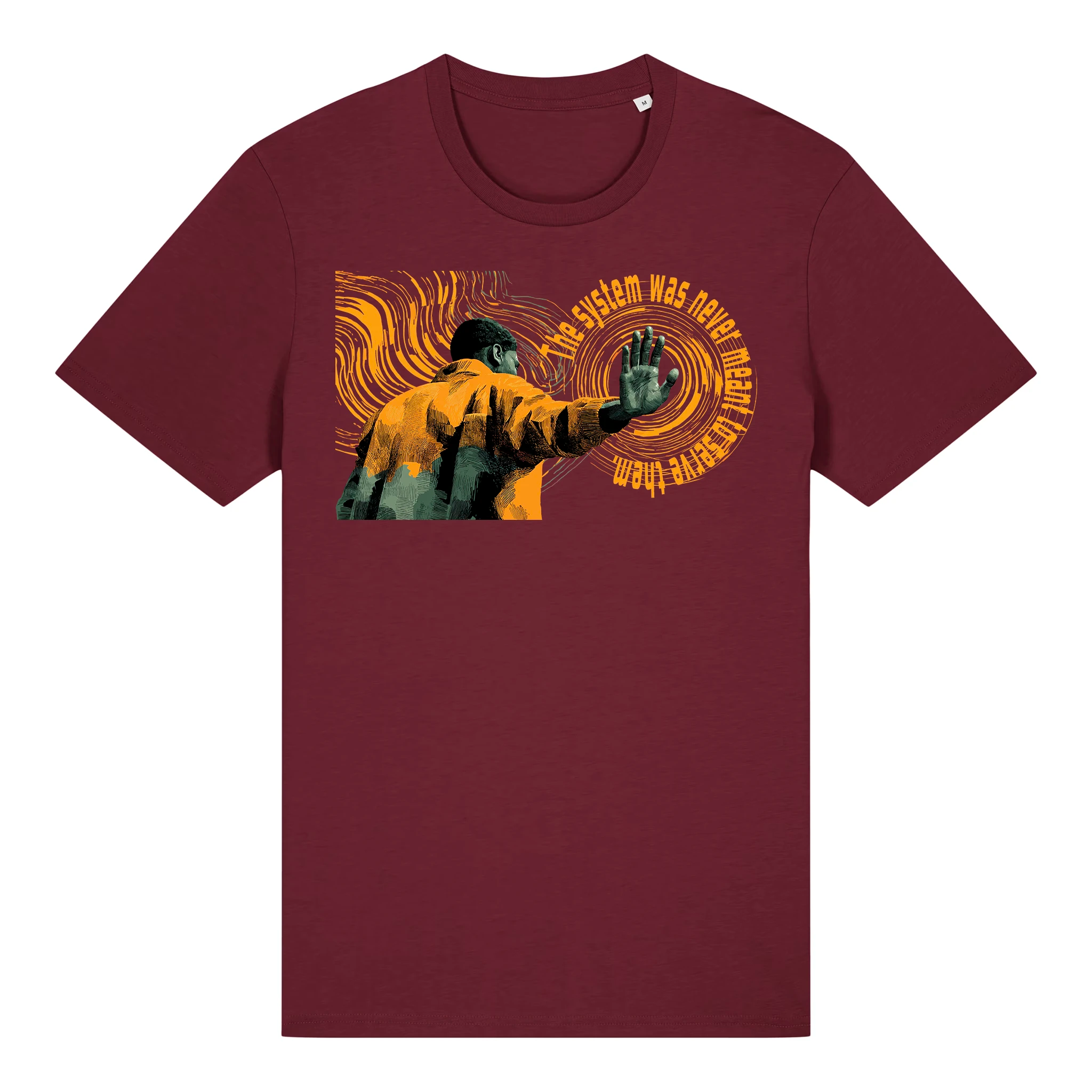 TOLS The Old Ways theme men's unisex medium fit organic cotton T-shirt in Burgundy, front - Hollow System