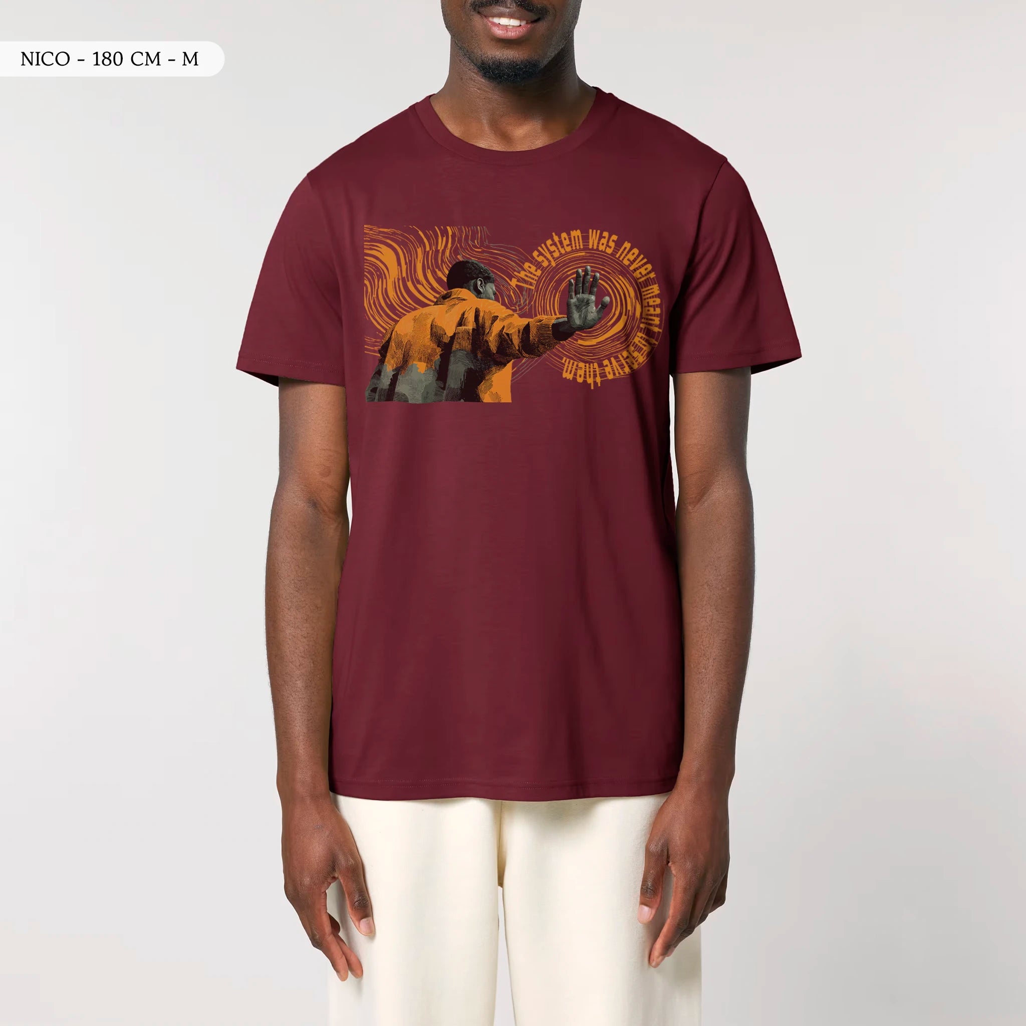 TOLS The Old Ways theme men's unisex medium fit organic cotton T-shirt in Burgundy, male front - Hollow System