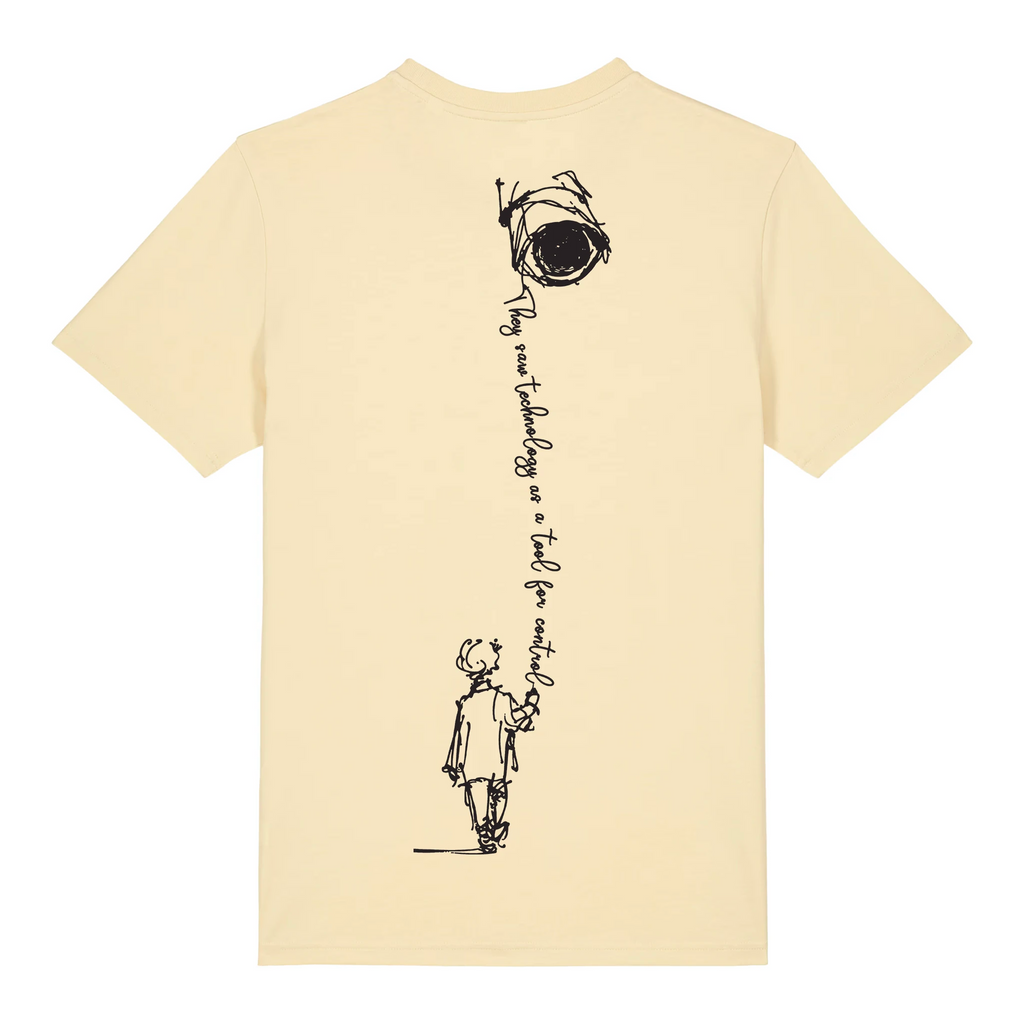 TOLS The Old Ways theme men's unisex medium fit organic cotton T-shirt in Butter, back - Control Tool