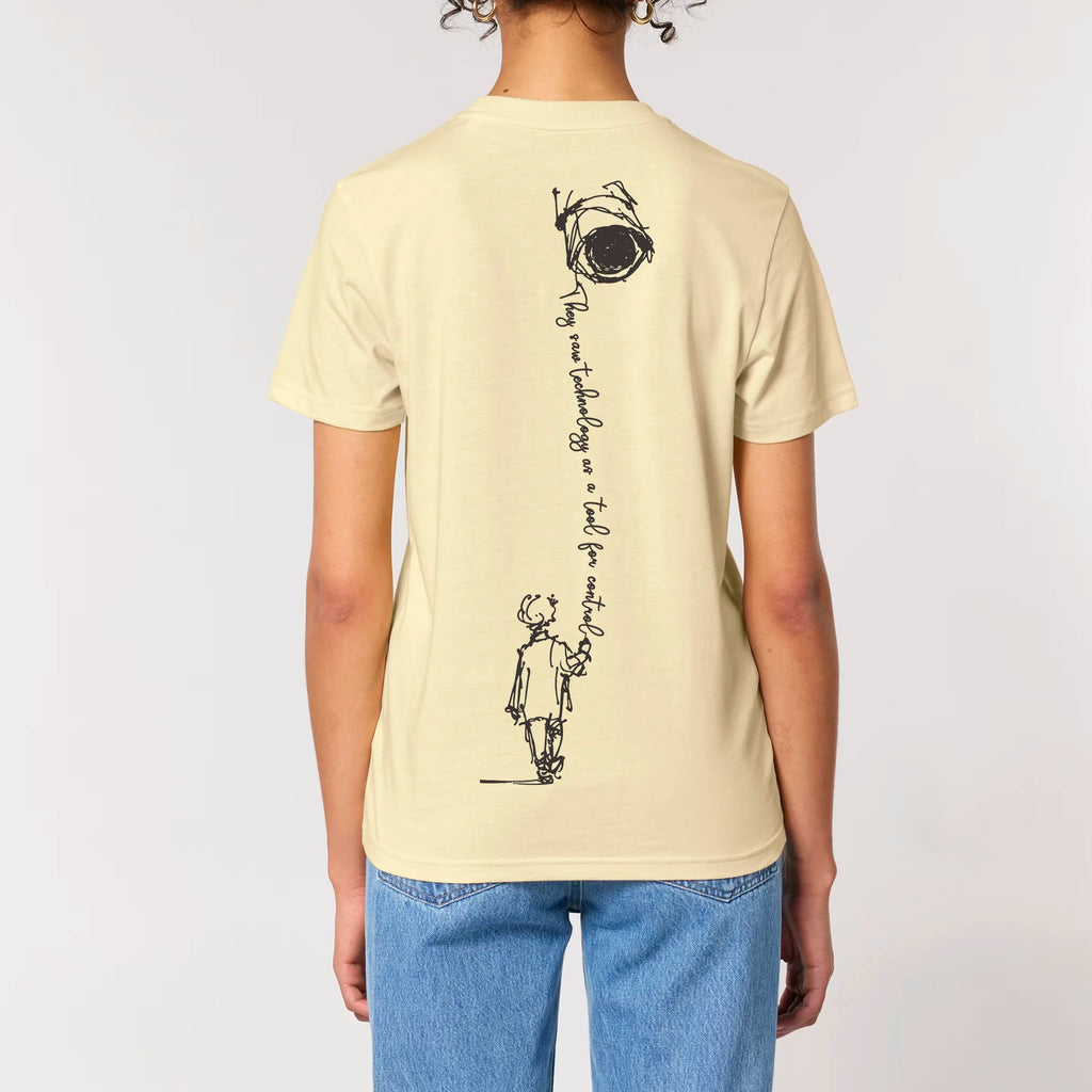 TOLS The Old Ways theme men's unisex medium fit organic cotton T-shirt in Butter, female front - Control Tool
