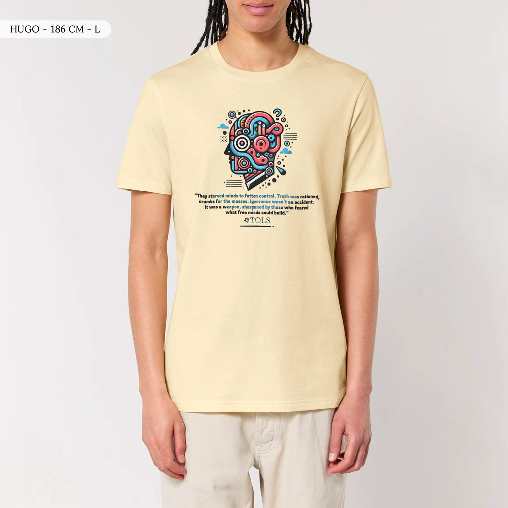 TOLS The Old Ways theme men's unisex medium fit organic cotton T-shirt in Butter, male front - Crumbs of Truth