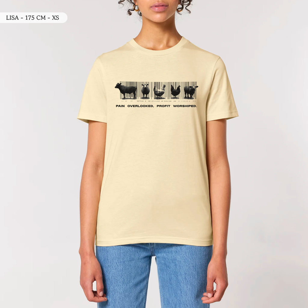 TOLS The Old Ways theme men's unisex medium fit organic cotton T-shirt in Butter, female front - Why Care