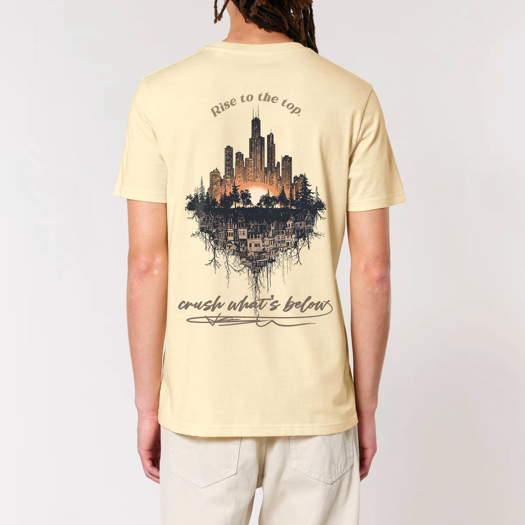 TOLS The Old Ways theme men's unisex medium fit organic cotton T-shirt in Butter, male back - Crushing Pyramid