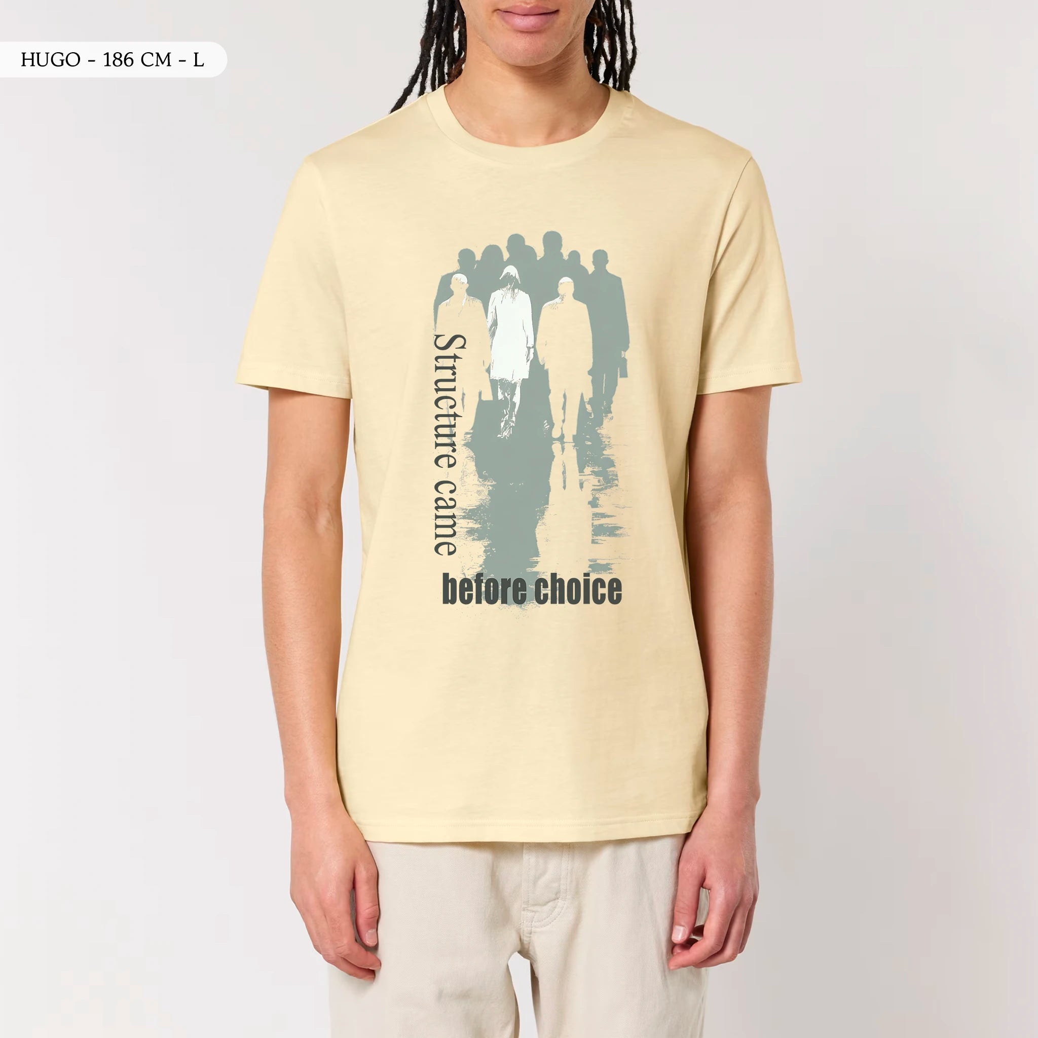 TOLS The Old Ways theme men's unisex medium fit organic cotton T-shirt in Butter, male front - Before Choice