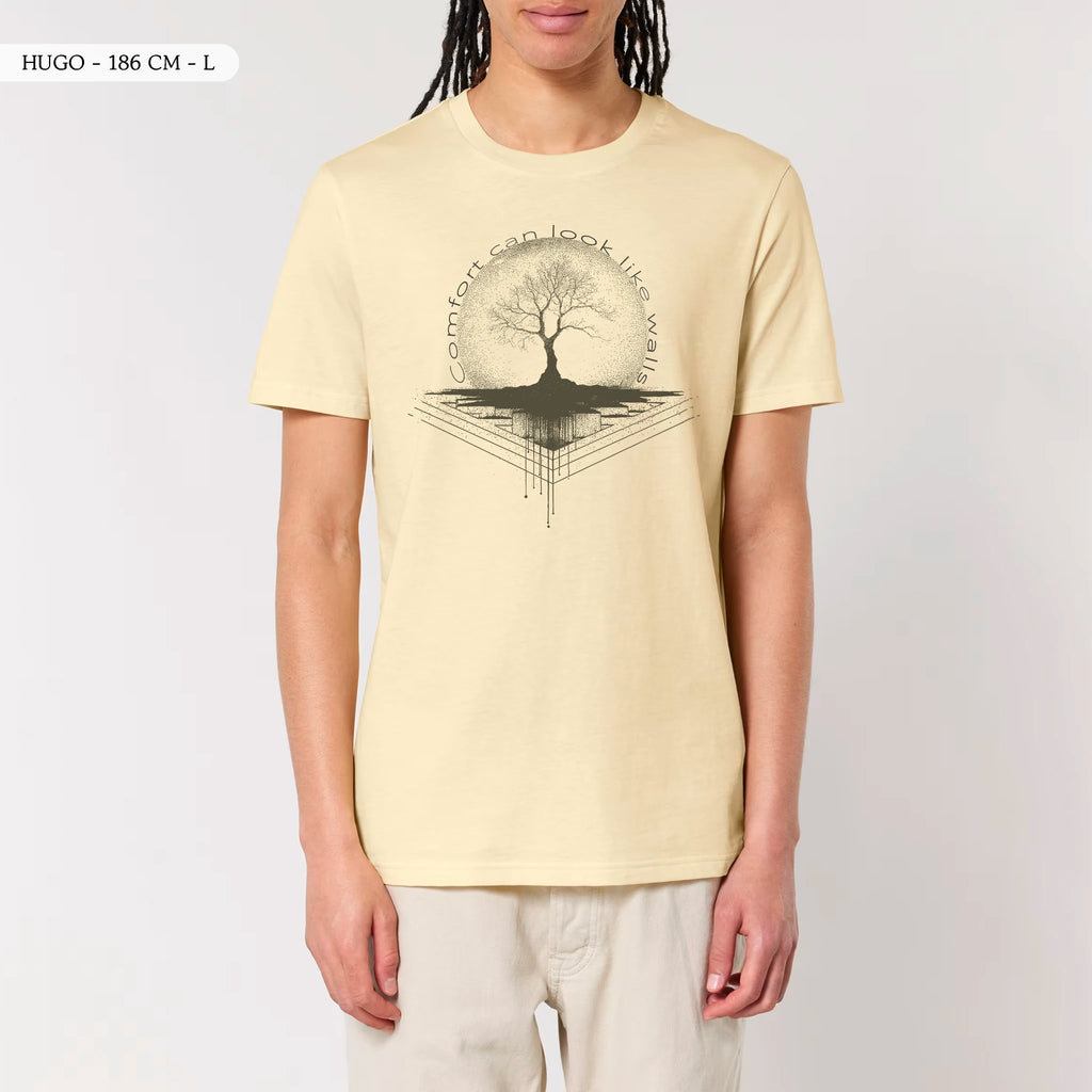 TOLS The Old Ways theme men's unisex medium fit organic cotton T-shirt in Butter, male front - Comfort Walls