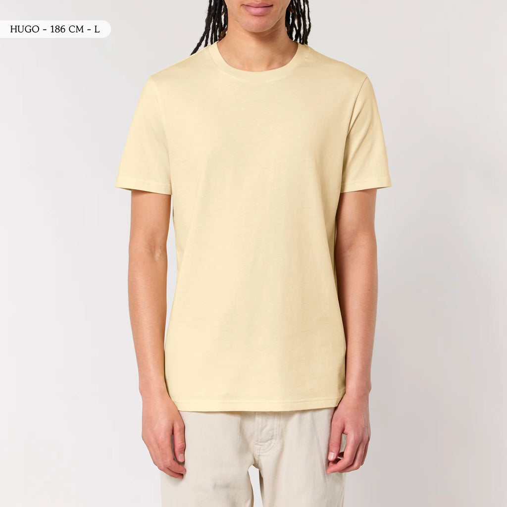 TOLS The Old Ways theme men's unisex medium fit organic cotton T-shirt in Butter, male front - Crushing Pyramid