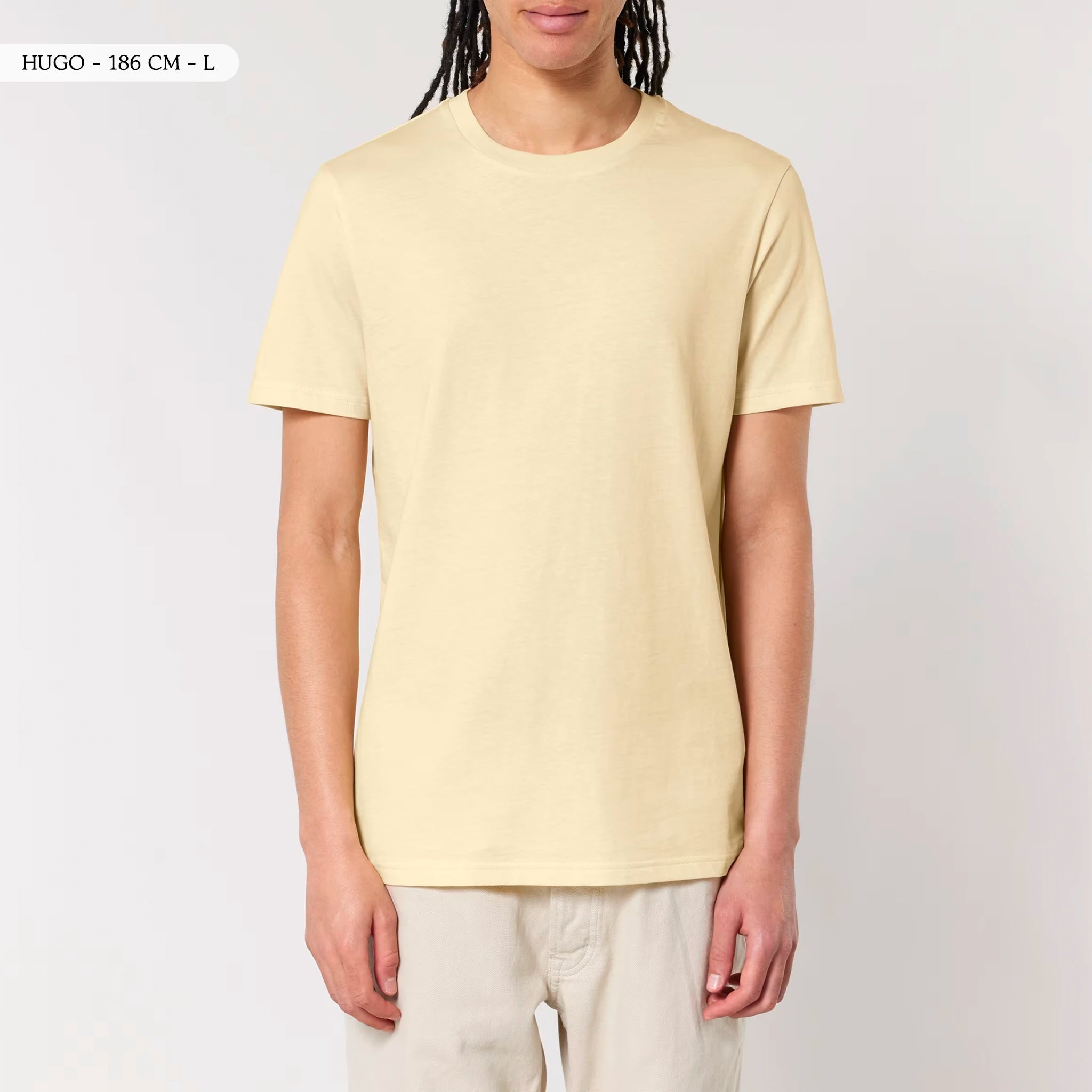 TOLS The Old Ways theme men's unisex medium fit organic cotton T-shirt in Butter, male front - Crushing Pyramid