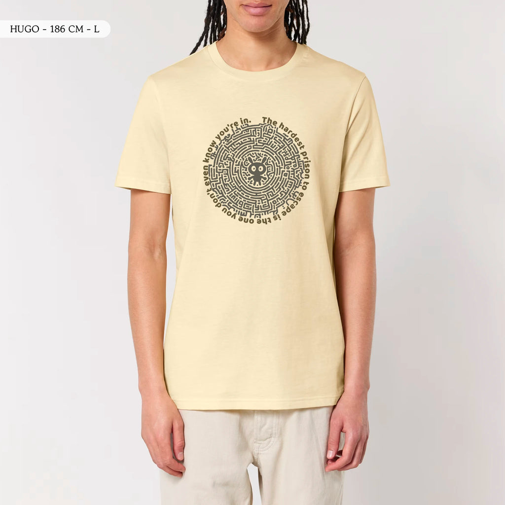 TOLS The Old Ways theme men's unisex medium fit organic cotton T-shirt in Butter, male front - Mental Bars