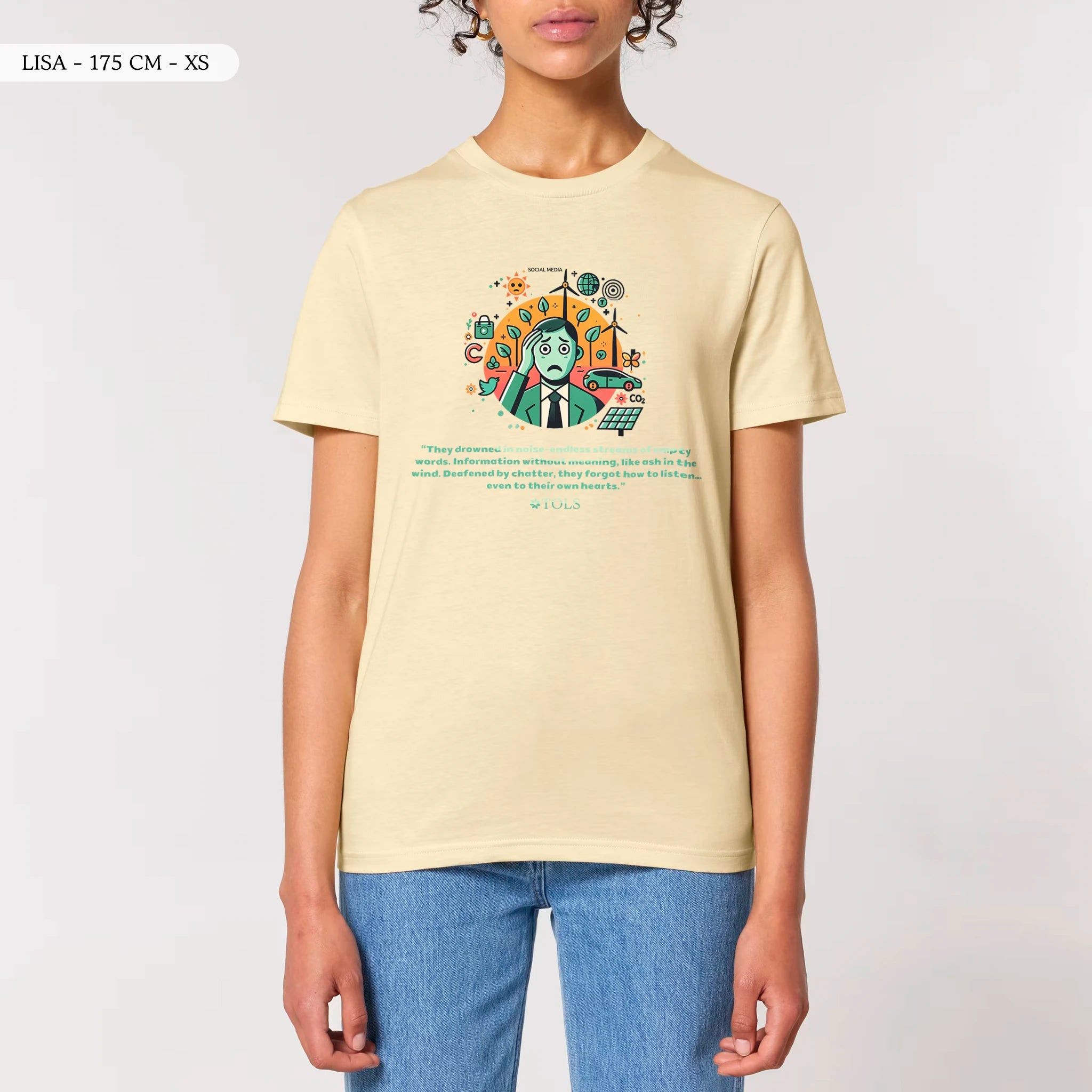 TOLS The Old Ways theme men's unisex medium fit organic cotton T-shirt in Butter, female front - Silent Heart