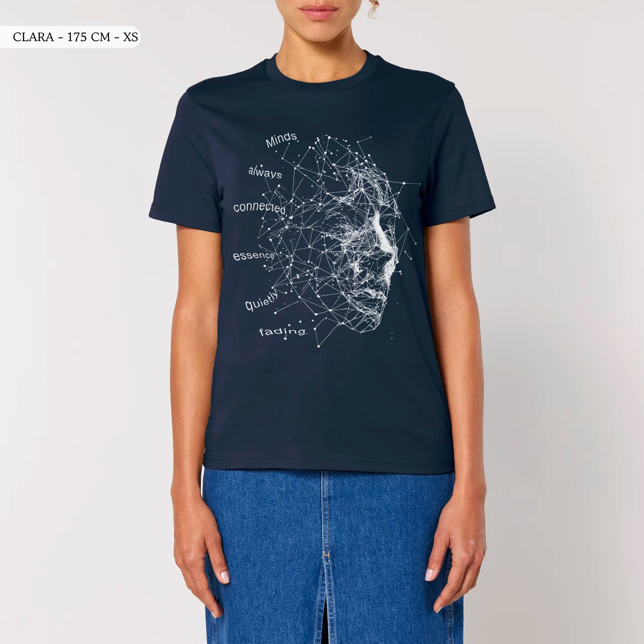 TOLS The Old Ways theme men's unisex medium fit organic cotton T-shirt in French Navy, female front - Data Trap