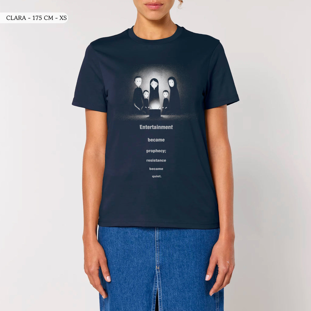 TOLS The Old Ways theme men's unisex medium fit organic cotton T-shirt in French Navy, female front - Predictive Programing