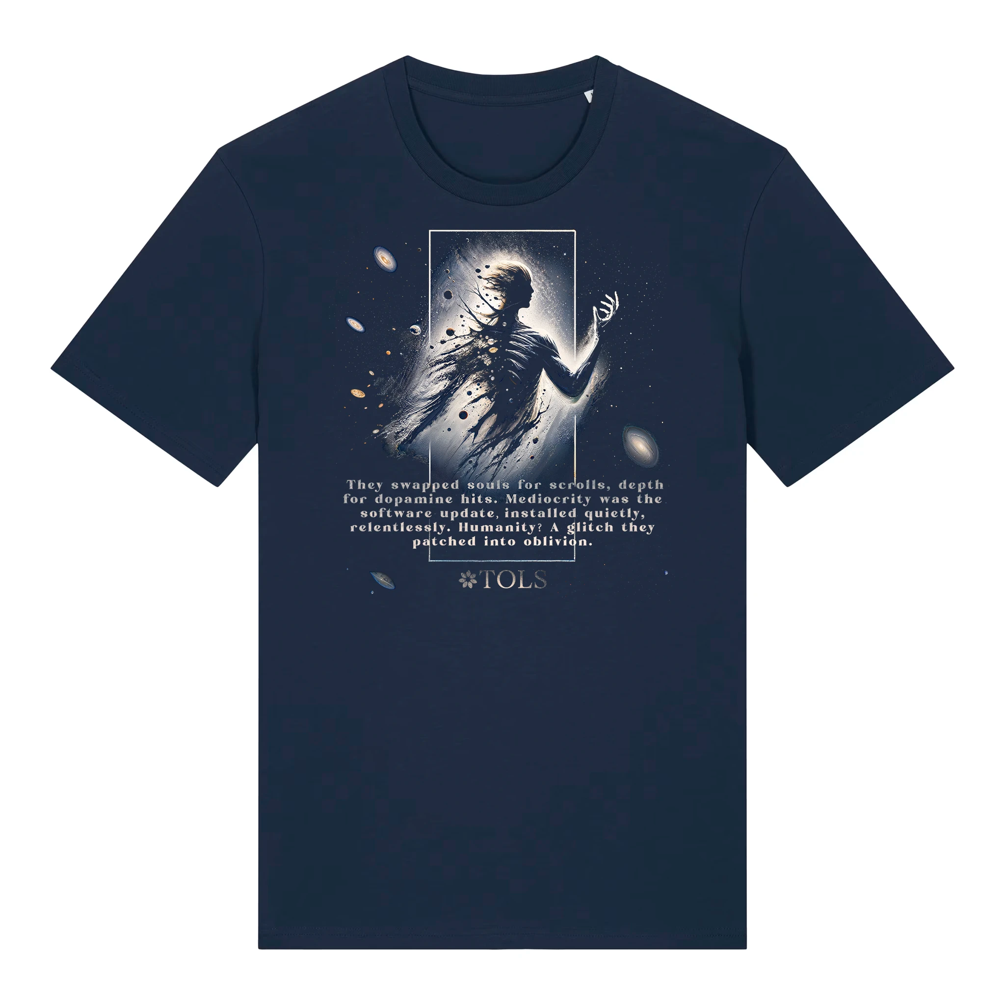 TOLS The Old Ways theme men's unisex medium fit organic cotton T-shirt in French Navy, front - Glitched Species