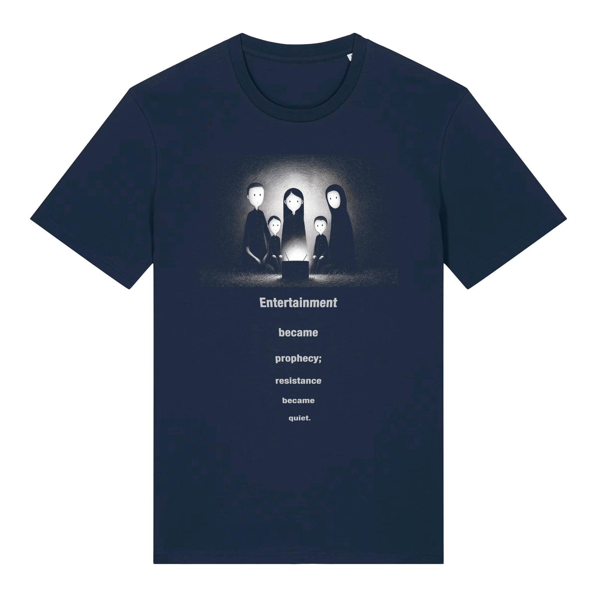 TOLS The Old Ways theme men's unisex medium fit organic cotton T-shirt in French Navy, front - Predictive Programing