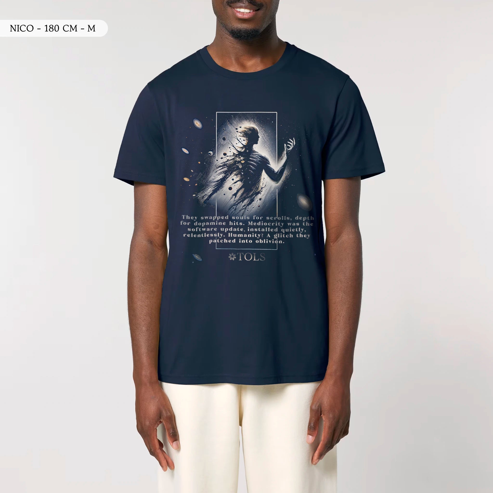 TOLS The Old Ways theme men's unisex medium fit organic cotton T-shirt in French Navy, male front - Glitched Species