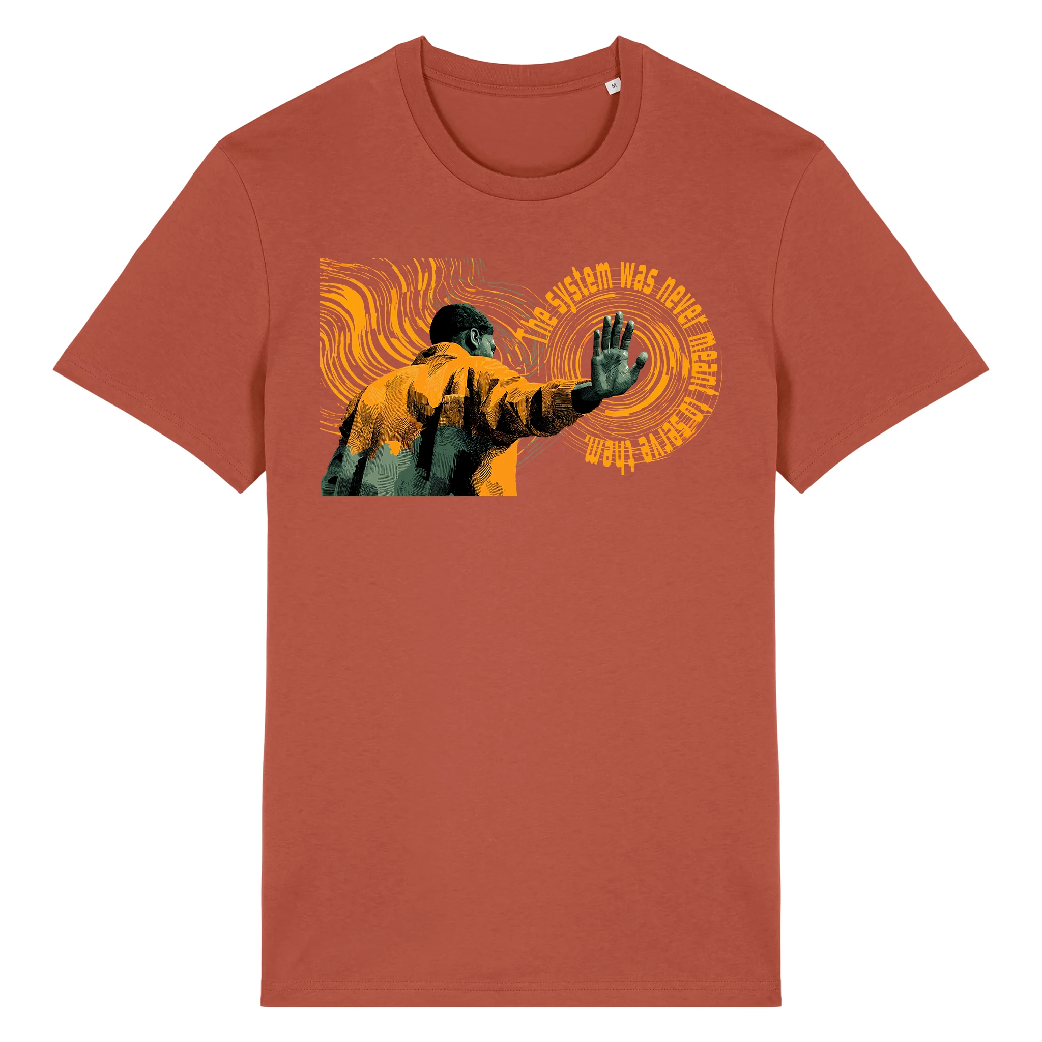 TOLS The Old Ways theme men's unisex medium fit organic cotton T-shirt in Heritage Brown, front - Hollow System