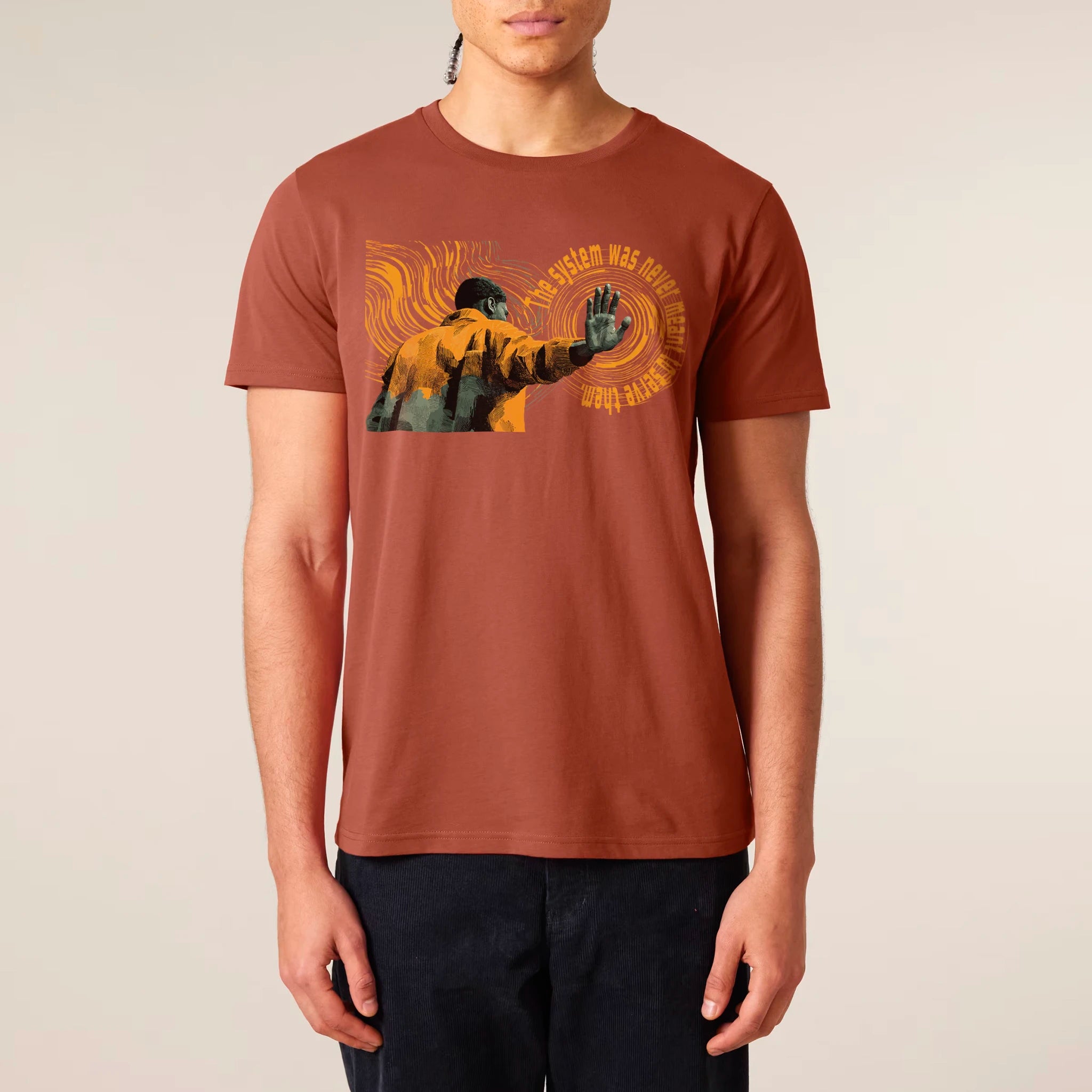 TOLS The Old Ways theme men's unisex medium fit organic cotton T-shirt in Heritage Brown, male front - Hollow System
