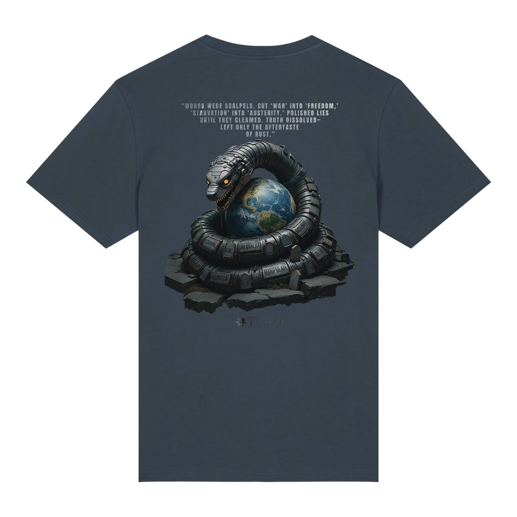 TOLS The Old Ways theme men's unisex medium fit organic cotton T-shirt in India Ink Grey, front - Rust-Tongued