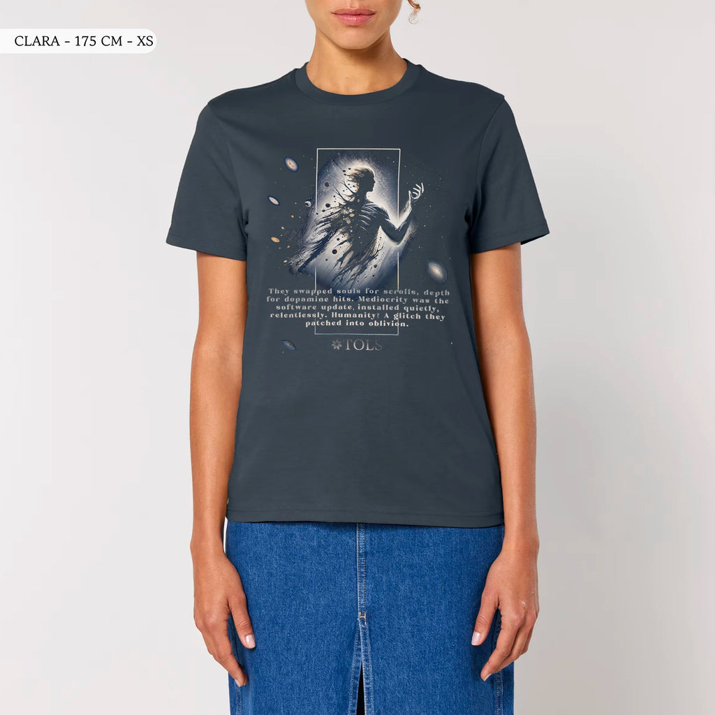 TOLS The Old Ways theme men's unisex medium fit organic cotton T-shirt in India Ink Grey, female front - Glitched Species