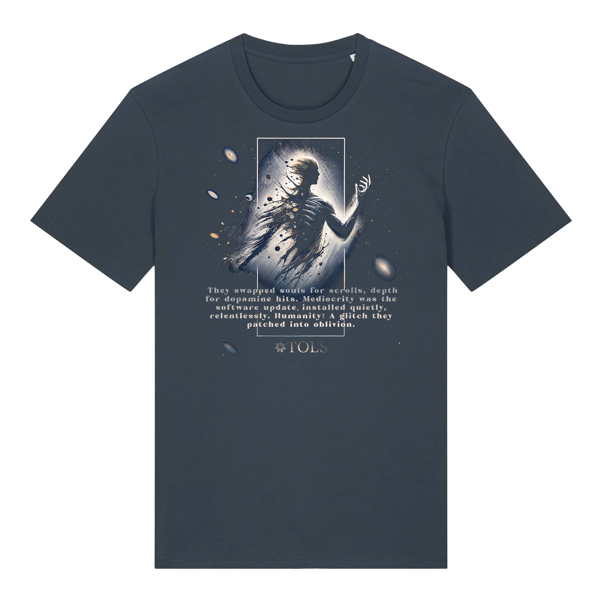 TOLS The Old Ways theme men's unisex medium fit organic cotton T-shirt in India Ink Grey, front - Glitched Species