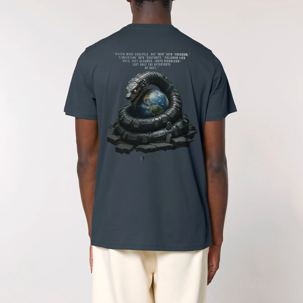 TOLS The Old Ways theme men's unisex medium fit organic cotton T-shirt in India Ink Grey, male back - Rust-Tongued