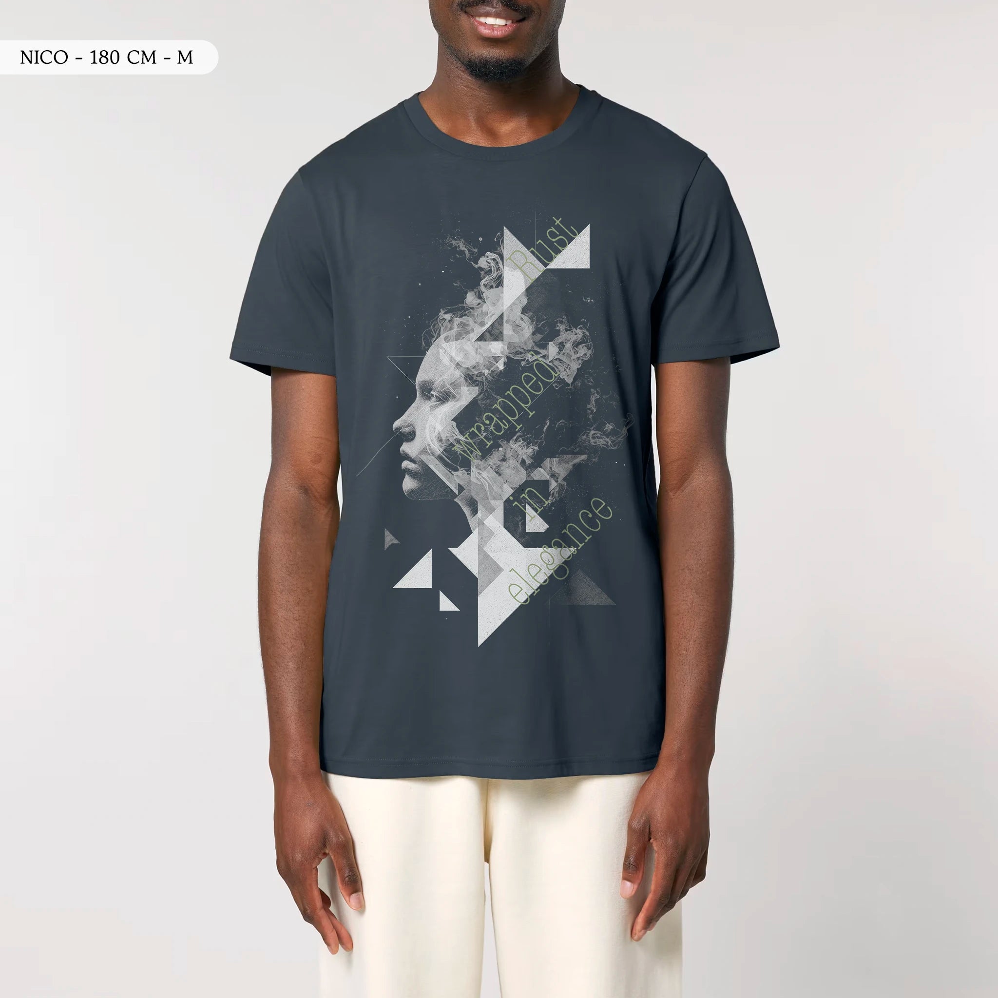 TOLS The Old Ways theme men's unisex medium fit organic cotton T-shirt in India Ink Grey, male front - Invisible Rust