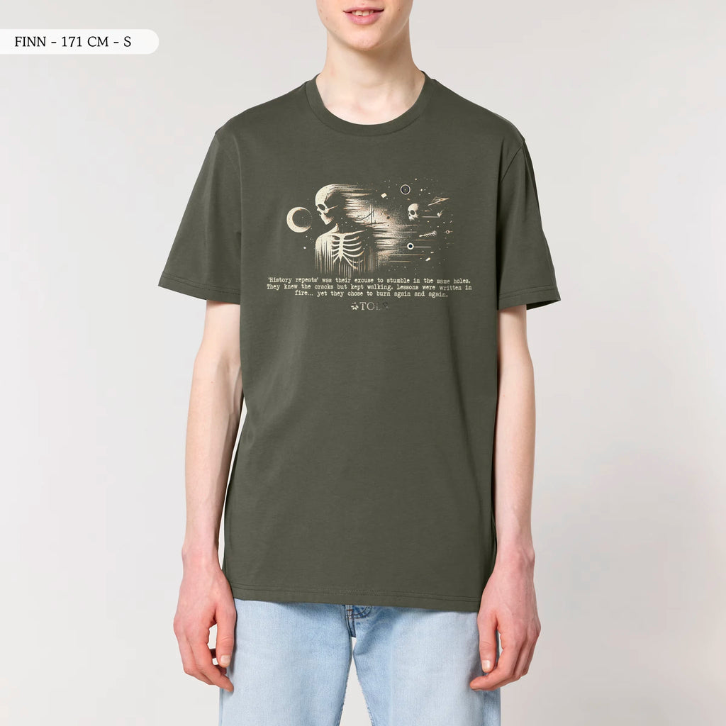 TOLS The Old Ways theme men's unisex medium fit organic cotton T-shirt in Khaki, male front - Ash Cycle