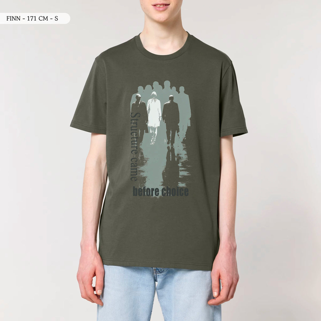 TOLS The Old Ways theme men's unisex medium fit organic cotton T-shirt in Khaki, male front - Before Choice