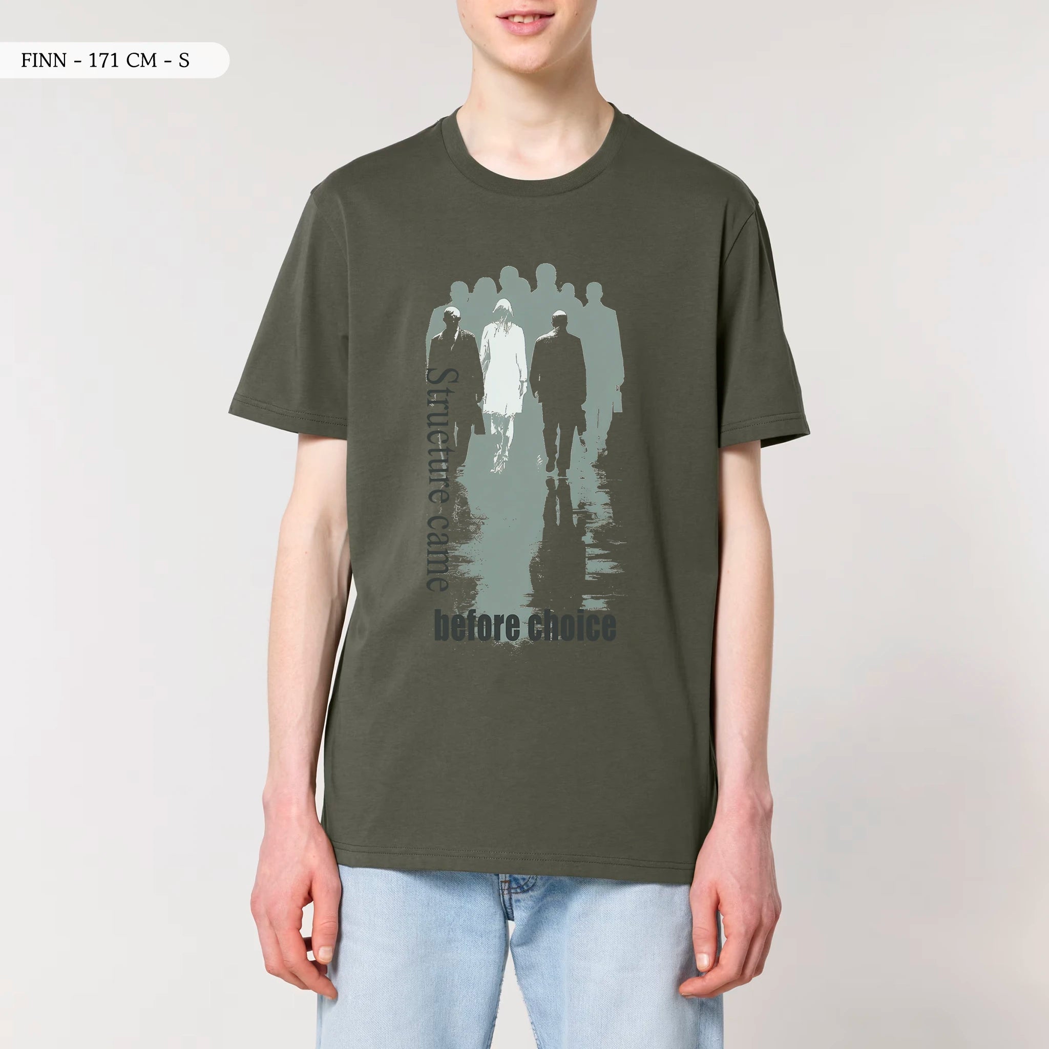 TOLS The Old Ways theme men's unisex medium fit organic cotton T-shirt in Khaki, male front - Before Choice