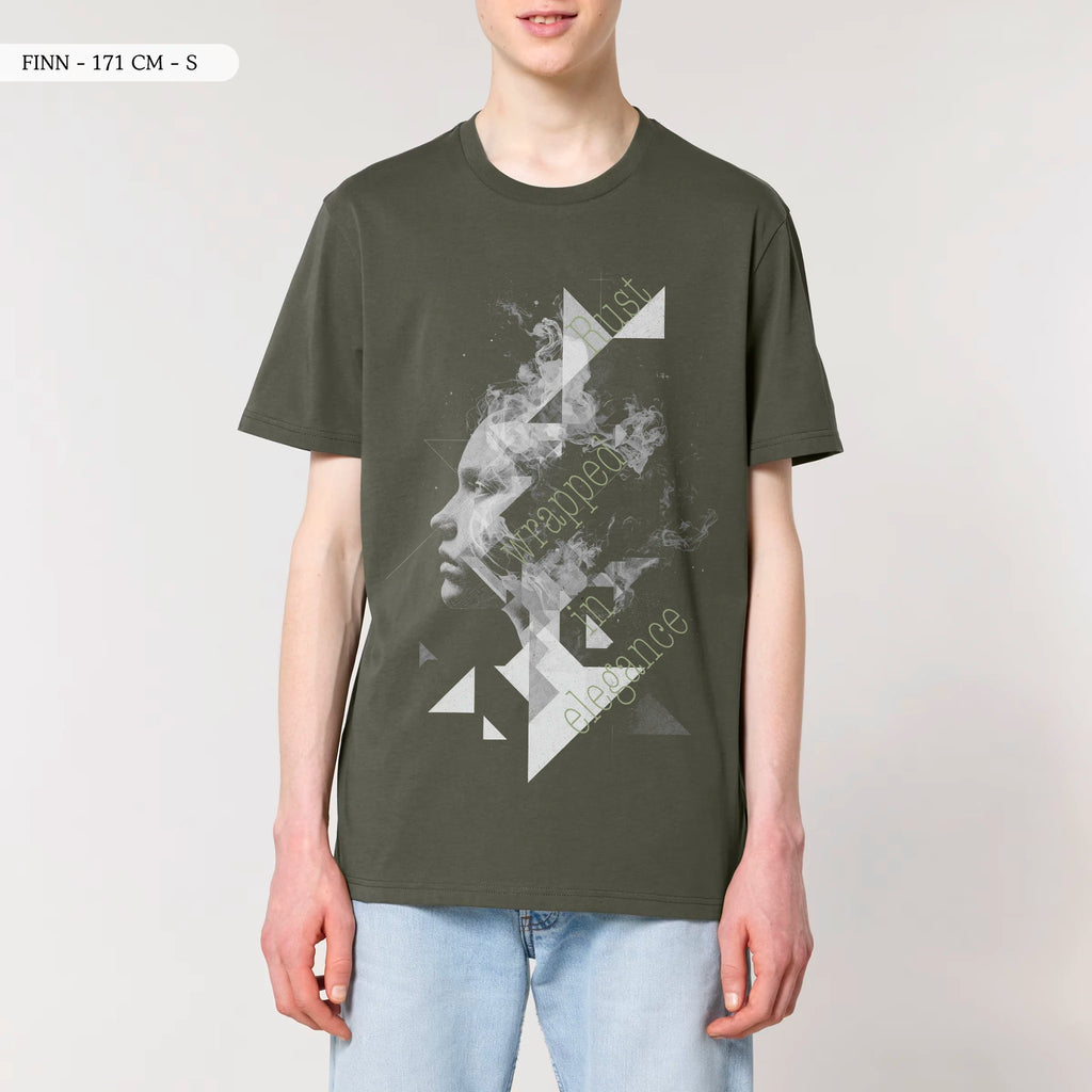 TOLS The Old Ways theme men's unisex medium fit organic cotton T-shirt in Khaki, male front - Invisible Rust