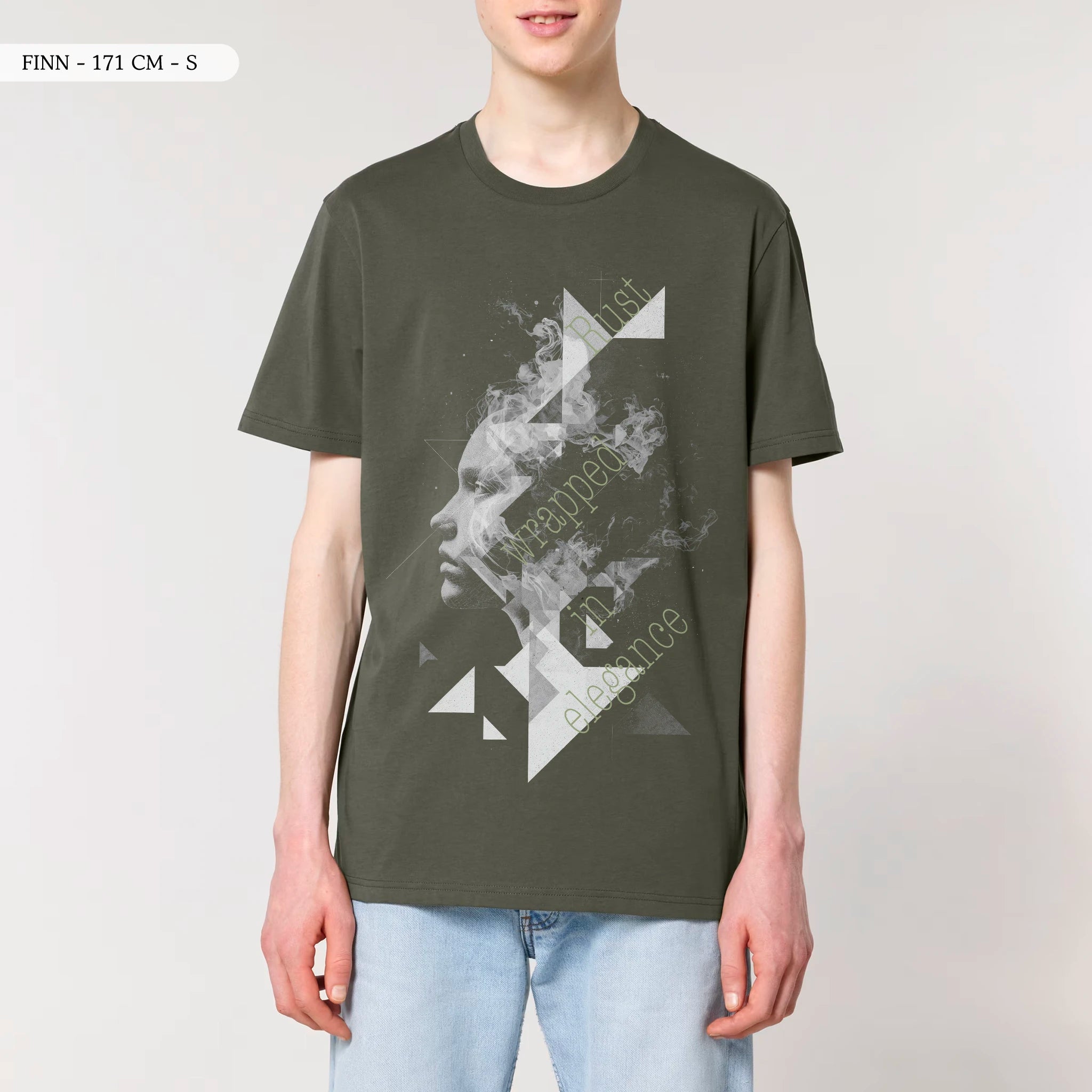 TOLS The Old Ways theme men's unisex medium fit organic cotton T-shirt in Khaki, male front - Invisible Rust