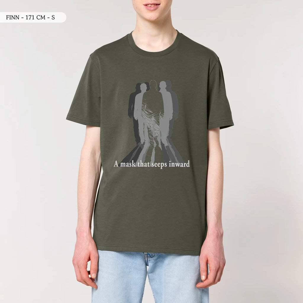 TOLS The Old Ways theme men's unisex medium fit organic cotton T-shirt in Khaki, male front - Neural Costume