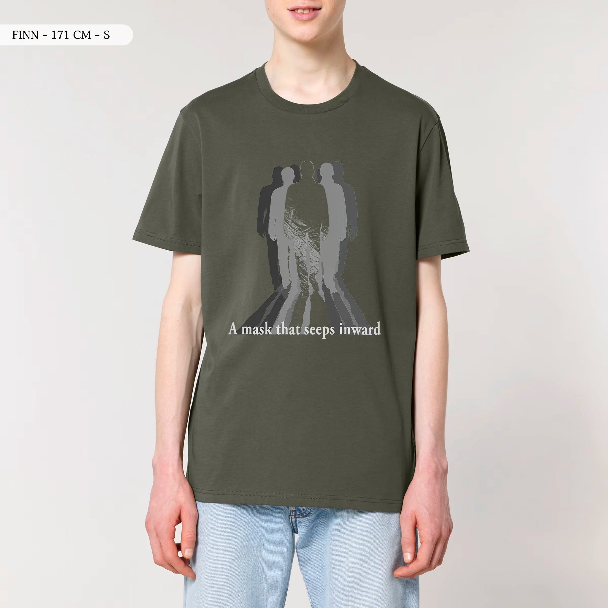 TOLS The Old Ways theme men's unisex medium fit organic cotton T-shirt in Khaki, male front - Neural Costume