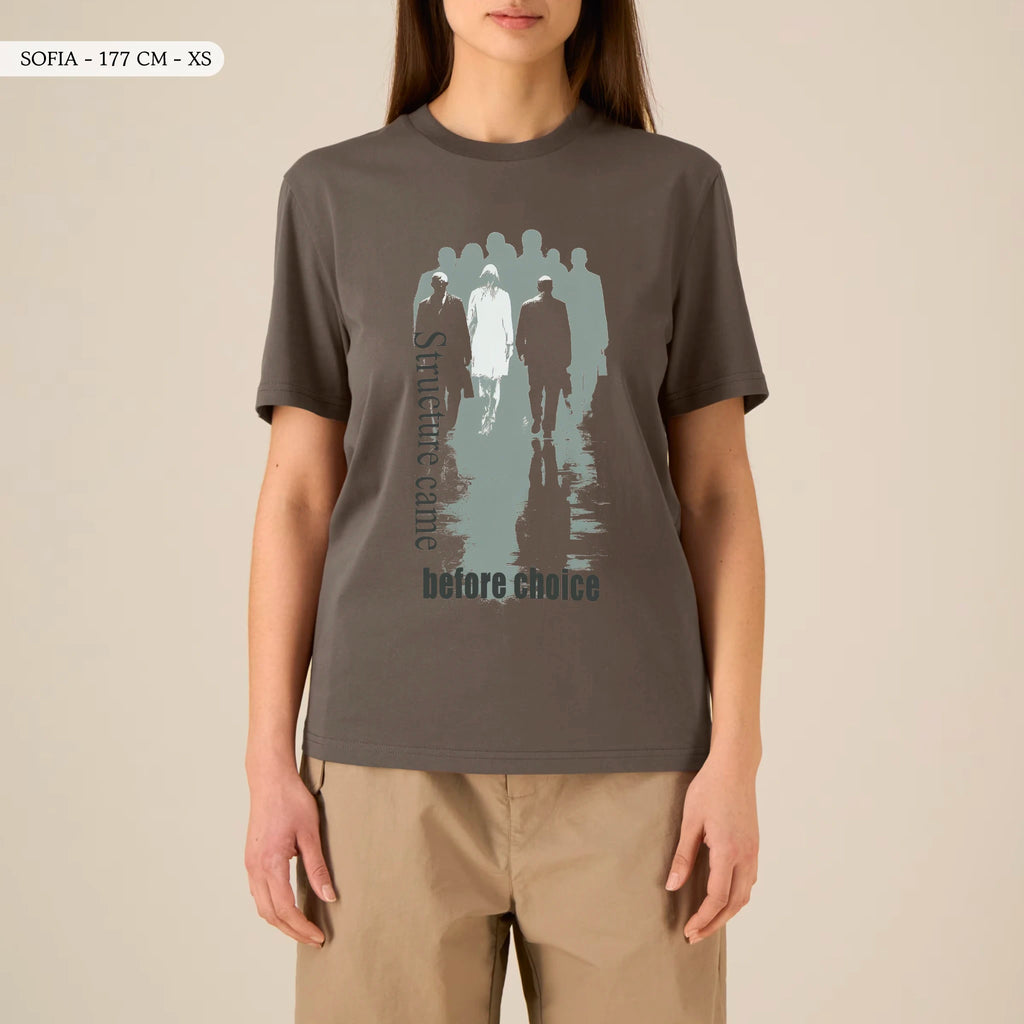 TOLS The Old Ways theme men's unisex medium fit organic cotton T-shirt in Mocha, female front - Before Choice