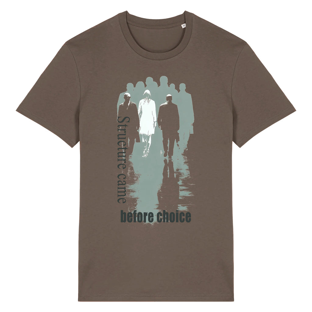 TOLS The Old Ways theme men's unisex medium fit organic cotton T-shirt in Mocha, front - Before Choice