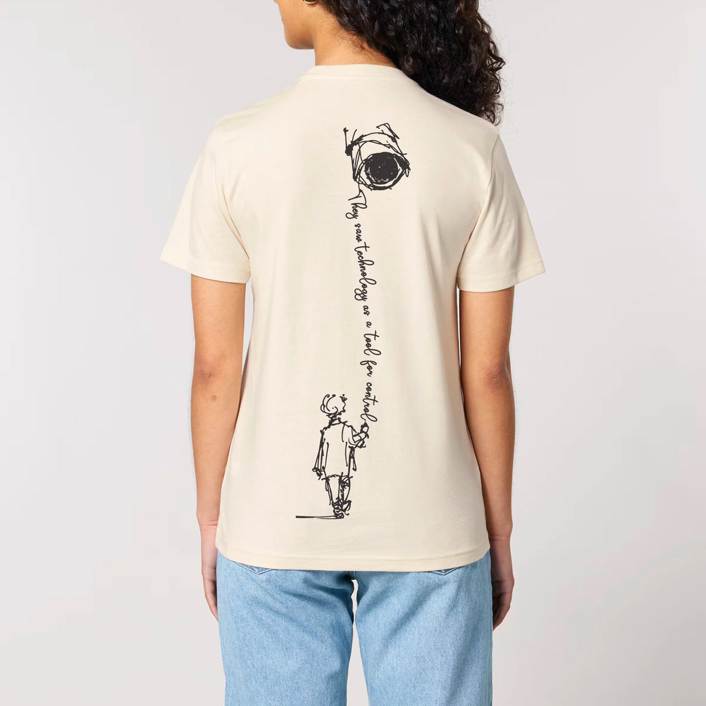 TOLS The Old Ways theme men's unisex medium fit organic cotton T-shirt in Natural Raw, female front - Control Tool