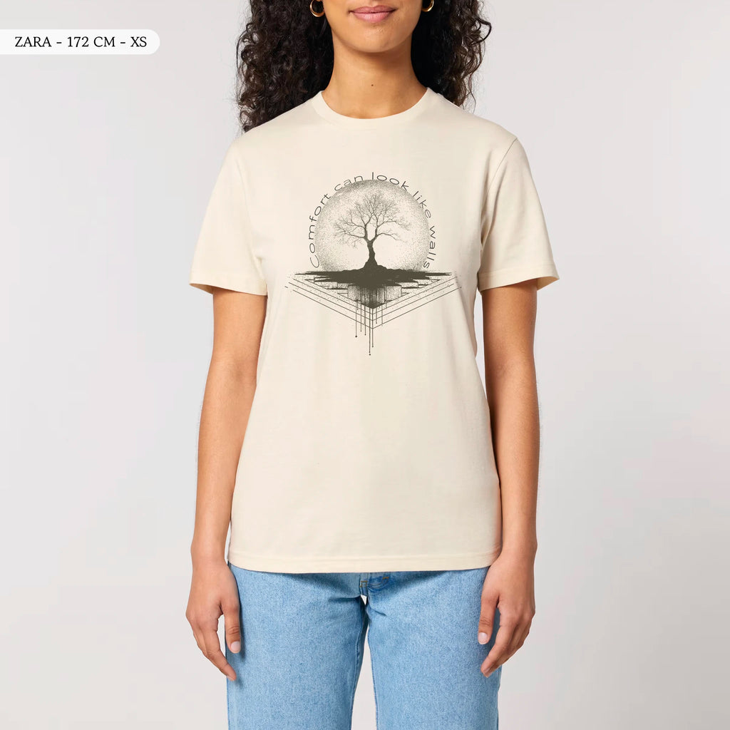 TOLS The Old Ways theme men's unisex medium fit organic cotton T-shirt in Natural Raw, male front - Comfort Walls